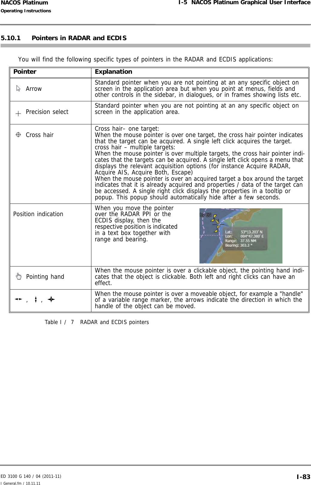 ED 3100 G 140 / 04 (2011-11)Operating InstructionsI-5  NACOS Platinum Graphical User InterfaceI General.fm / 10.11.11 I-83NACOS Platinum5.10.1 Pointers in RADAR and ECDISYou will find the following specific types of pointers in the RADAR and ECDIS applications:Table I /  7 RADAR and ECDIS pointersPointer Explanation Arrow Standard pointer when you are not pointing at an any specific object on screen in the application area but when you point at menus, fields and other controls in the sidebar, in dialogues, or in frames showing lists etc. Precision select Standard pointer when you are not pointing at an any specific object on screen in the application area. Cross hair Cross hair– one target:When the mouse pointer is over one target, the cross hair pointer indicates that the target can be acquired. A single left click acquires the target.cross hair – multiple targets:When the mouse pointer is over multiple targets, the cross hair pointer indi-cates that the targets can be acquired. A single left click opens a menu that displays the relevant acquisition options (for instance Acquire RADAR, Acquire AIS, Acquire Both, Escape)When the mouse pointer is over an acquired target a box around the target indicates that it is already acquired and properties / data of the target can be accessed. A single right click displays the properties in a tooltip or popup. This popup should automatically hide after a few seconds.Position indication When you move the pointer over the RADAR PPI or the ECDIS display, then the respective position is indicated in a text box together with range and bearing. Pointing hand When the mouse pointer is over a clickable object, the pointing hand indi-cates that the object is clickable. Both left and right clicks can have an effect. ,  ,  When the mouse pointer is over a moveable object, for example a &quot;handle&quot; of a variable range marker, the arrows indicate the direction in which the handle of the object can be moved.