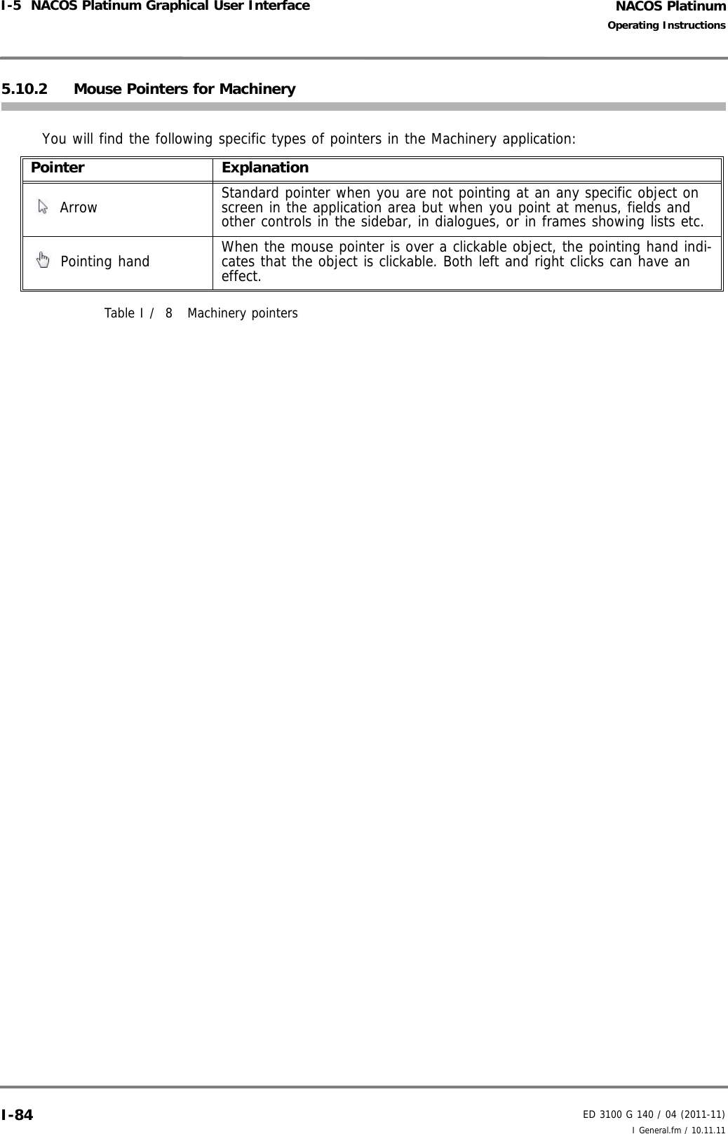 NACOS PlatinumED 3100 G 140 / 04 (2011-11)Operating InstructionsI-5  NACOS Platinum Graphical User Interface I General.fm / 10.11.11I-845.10.2 Mouse Pointers for MachineryYou will find the following specific types of pointers in the Machinery application:Table I /  8 Machinery pointersPointer Explanation Arrow Standard pointer when you are not pointing at an any specific object on screen in the application area but when you point at menus, fields and other controls in the sidebar, in dialogues, or in frames showing lists etc.  Pointing hand When the mouse pointer is over a clickable object, the pointing hand indi-cates that the object is clickable. Both left and right clicks can have an effect.