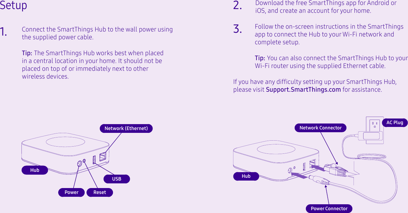 Setup1.2.3.Connect the SmartThings Hub to the wall power using the supplied power cable.Tip: The SmartThings Hub works best when placed in a central location in your home. It should not be placed on top of or immediately next to other wireless devices.Tip: You can also connect the SmartThings Hub to your Wi-Fi router using the supplied Ethernet cable.Download the free SmartThings app for Android or iOS, and create an account for your home.Follow the on-screen instructions in the SmartThings app to connect the Hub to your Wi-Fi network and complete setup.If you have any difculty setting up your SmartThings Hub, please visit Support.SmartThings.com for assistance.Power ConnectorNetwork ConnectorAC PlugHubUSBPower ResetNetwork (Ethernet)Hub