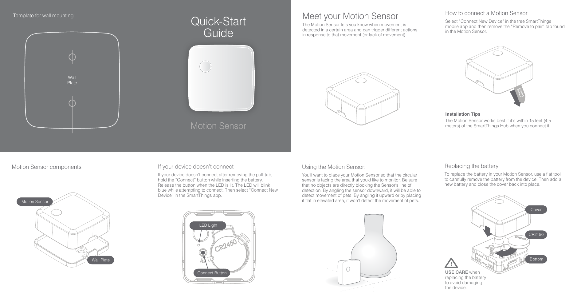 USE CARE when replacing the battery to avoid damaging the device.Replacing the batteryTo replace the battery in your Motion Sensor, use a flat tool to carefully remove the battery from the device. Then add a new battery and close the cover back into place.Using the Motion Sensor:You&apos;ll want to place your Motion Sensor so that the circular sensor is facing the area that you&apos;d like to monitor. Be sure that no objects are directly blocking the Sensor&apos;s line of detection. By angling the sensor downward, it will be able to detect movement of pets. By angling it upward or by placing it flat in elevated area, it won&apos;t detect the movement of pets.Quick-Start GuideWallPlateTemplate for wall mounting:Motion SensorMeet your Motion Sensor       The Motion Sensor lets you know when movement is detected in a certain area and can trigger different actions in response to that movement (or lack of movement).Installation TipsThe Motion Sensor works best if it’s within 15 feet (4.5 meters) of the SmartThings Hub when you connect it.How to connect a Motion SensorSelect “Connect New Device” in the free SmartThings mobile app and then remove the “Remove to pair” tab found in the Motion Sensor. REMOVETO PAIRMotion Sensor componentsMotion SensorWall PlateIf your device doesn’t connectIf your device doesn’t connect after removing the pull-tab, hold the “Connect” button while inserting the battery. Release the button when the LED is lit. The LED will blink blue while attempting to connect. Then select “Connect New Device” in the SmartThings app.Connect ButtonLED LightCoverCR2450Bottom