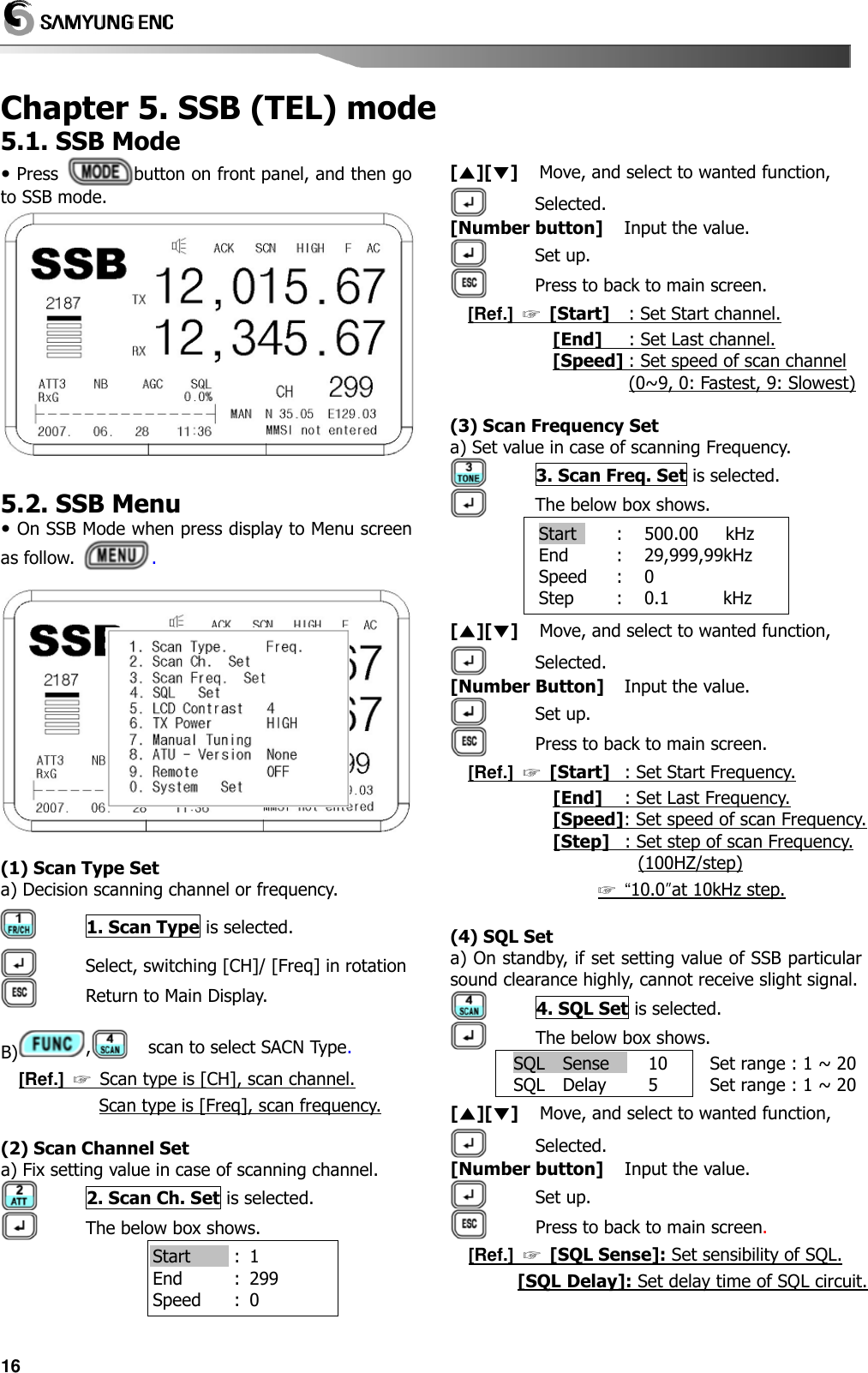   16 Chapter 5. SSB (TEL) mode 5.1. SSB Mode  Press  button on front panel, and then go to SSB mode.              5.2. SSB Menu  On SSB Mode when press display to Menu screen as follow.  .  (1) Scan Type Set a) Decision scanning channel or frequency.            1. Scan Type is selected.            Select, switching [CH]/ [Freq] in rotation            Return to Main Display.  B) ,      scan to select SACN Type. [Ref.]  ☞ Scan type is [CH], scan channel. Scan type is [Freq], scan frequency.  (2) Scan Channel Set a) Fix setting value in case of scanning channel.            2. Scan Ch. Set is selected.            The below box shows. Start End Speed : : : 1 299 0 [▲][▼]     Move, and select to wanted function,            Selected. [Number button]     Input the value.            Set up.            Press to back to main screen. [Ref.]  ☞ [Start]     : Set Start channel. [End]      : Set Last channel. [Speed]  : Set speed of scan channel (0~9, 0: Fastest, 9: Slowest)  (3) Scan Frequency Set   a) Set value in case of scanning Frequency.            3. Scan Freq. Set is selected.            The below box shows. Start  End Speed Step : : : : 500.00      kHz 29,999,99kHz 0 0.1            kHz [▲][▼]     Move, and select to wanted function,            Selected. [Number Button]     Input the value.            Set up.            Press to back to main screen. [Ref.]  ☞ [Start]    : Set Start Frequency. [End]     : Set Last Frequency. [Speed]: Set speed of scan Frequency. [Step]    : Set step of scan Frequency. (100HZ/step) ☞ “10.0”at 10kHz step.  (4) SQL Set   a) On standby, if set setting value of SSB particular sound clearance highly, cannot receive slight signal.            4. SQL Set is selected.            The below box shows. SQL    Sense    SQL    Delay ::10 5 Set range : 1 ~ 20 Set range : 1 ~ 20 [▲][▼]     Move, and select to wanted function,            Selected. [Number button]     Input the value.            Set up.            Press to back to main screen. [Ref.]  ☞ [SQL Sense]: Set sensibility of SQL. [SQL Delay]: Set delay time of SQL circuit. 