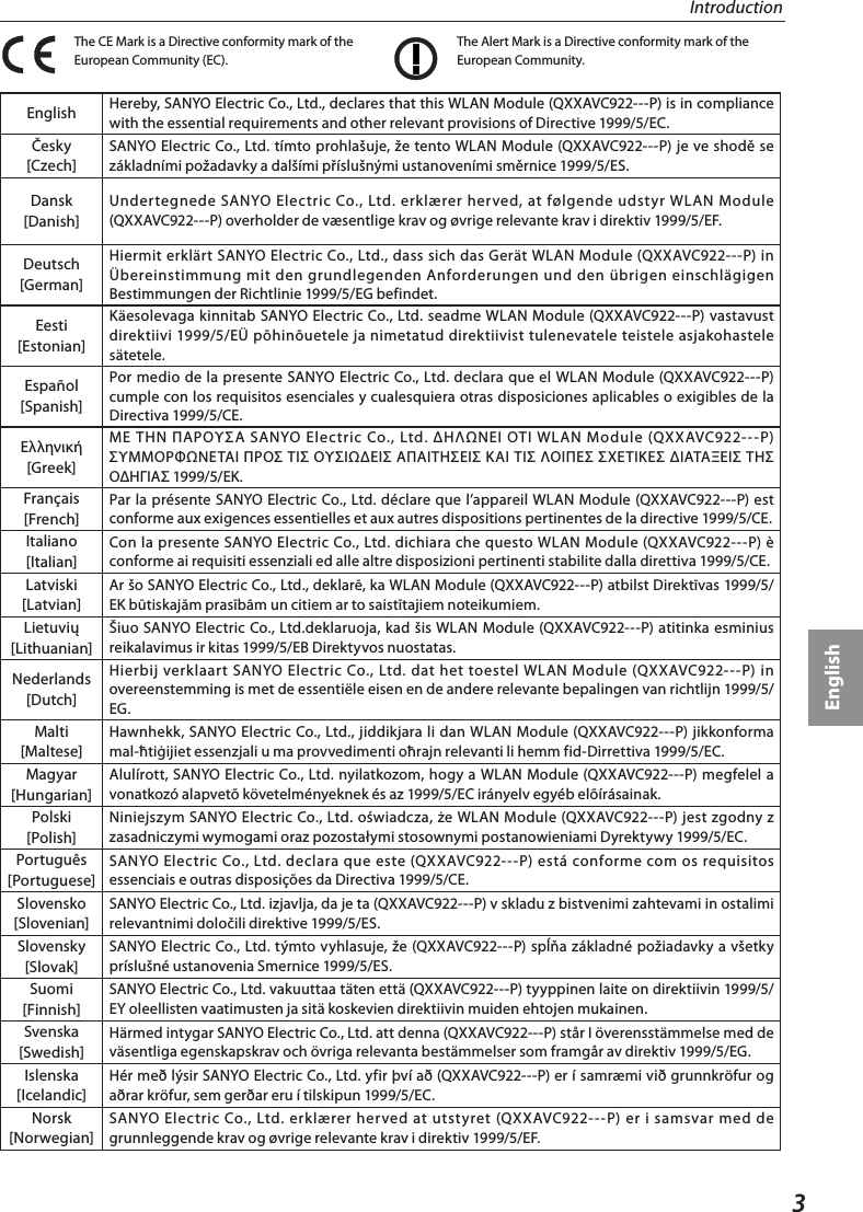 3IntroductionEnglishThe CE Mark is a Directive conformity mark of the European Community (EC).The Alert Mark is a Directive conformity mark of the European Community.English Hereby, SANYO Electric Co., Ltd., declares that this WLAN Module (QXXAVC922---P) is in compliance with the essential requirements and other relevant provisions of Directive 1999/5/EC.Česky [Czech]SANYO Electric Co.,  Ltd. tímto prohlašuje, že tento  WLAN Module (QXXAVC922---P) je ve  shodě se základními požadavky a dalšími příslušnými ustanoveními směrnice 1999/5/ES.Dansk [Danish]Undertegnede  SANYO  Electric Co., Ltd.  erklærer herved,  at  følgende  udstyr  WLAN Module (QXXAVC922---P) overholder de væsentlige krav og øvrige relevante krav i direktiv 1999/5/EF.Deutsch [German]Hiermit erklärt SANYO Electric Co., Ltd., dass sich  das Gerät WLAN Module  (QXXAVC922---P) in Übereinstimmung mit den  grundlegenden Anforderungen  und  den übrigen einschlägigen Bestimmungen der Richtlinie 1999/5/EG befindet.Eesti [Estonian]Käesolevaga kinnitab SANYO Electric Co., Ltd. seadme WLAN Module (QXXAVC922---P) vastavust direktiivi 1999/5/EÜ põhinõuetele ja nimetatud direktiivist tulenevatele teistele asjakohastele sätetele.Español [Spanish]Por  medio de  la presente SANYO Electric Co., Ltd. declara que el WLAN Module  (QXXAVC922---P) cumple con los requisitos esenciales y cualesquiera otras disposiciones aplicables o exigibles de la Directiva 1999/5/CE.Ελληνική [Greek]ΜΕ  ΤΗΝ  ΠΑΡΟΥΣΑ  SANYO  Electric  Co.,  Ltd.  ΔΗΛΩΝΕΙ ΟΤΙ  WLAN  Module  (QXXAVC922---P) ΣΥΜΜΟΡΦΩΝΕΤΑΙ ΠΡΟΣ ΤΙΣ ΟΥΣΙΩΔΕΙΣ ΑΠΑΙΤΗΣΕΙΣ ΚΑΙ ΤΙΣ ΛΟΙΠΕΣ ΣΧΕΤΙΚΕΣ ΔΙΑΤΑΞΕΙΣ ΤΗΣ ΟΔΗΓΙΑΣ 1999/5/ΕΚ.Français [French]Par la présente  SANYO Electric  Co., Ltd. déclare que l’appareil  WLAN Module (QXXAVC922---P) est conforme aux exigences essentielles et aux autres dispositions pertinentes de la directive 1999/5/CE.Italiano [Italian]Con la presente SANYO Electric Co., Ltd. dichiara che questo WLAN Module (QXXAVC922---P) è conforme ai requisiti essenziali ed alle altre disposizioni pertinenti stabilite dalla direttiva 1999/5/CE.Latviski [Latvian]Ar šo SANYO Electric Co., Ltd., deklarē, ka WLAN Module (QXXAVC922---P) atbilst Direktīvas 1999/5/EK būtiskajām prasībām un citiem ar to saistītajiem noteikumiem.Lietuvių [Lithuanian]Šiuo SANYO Electric Co., Ltd.deklaruoja,  kad šis WLAN Module (QXXAVC922---P) atitinka esminius reikalavimus ir kitas 1999/5/EB Direktyvos nuostatas.Nederlands [Dutch]Hierbij  verklaart SANYO Electric Co.,  Ltd.  dat het  toestel WLAN Module (QXXAVC922---P) in overeenstemming is met de essentiële eisen en de andere relevante bepalingen van richtlijn 1999/5/EG.Malti [Maltese]Hawnhekk, SANYO Electric Co., Ltd., jiddikjara li dan WLAN Module (QXXAVC922---P) jikkonforma mal-ħtiġijiet essenzjali u ma provvedimenti oħrajn relevanti li hemm fid-Dirrettiva 1999/5/EC.Magyar [Hungarian]Alulírott, SANYO Electric Co., Ltd. nyilatkozom, hogy a WLAN Module (QXXAVC922---P) megfelel a vonatkozó alapvetõ követelményeknek és az 1999/5/EC irányelv egyéb elõírásainak.Polski [Polish]Niniejszym SANYO Electric Co., Ltd. oświadcza, że WLAN  Module (QXXAVC922---P) jest  zgodny z zasadniczymi wymogami oraz pozostałymi stosownymi postanowieniami Dyrektywy 1999/5/EC.Português [Portuguese]SANYO Electric Co.,  Ltd. declara que este  (QXXAVC922---P) está  conforme  com  os requisitos essenciais e outras disposições da Directiva 1999/5/CE.Slovensko [Slovenian]SANYO Electric Co., Ltd. izjavlja, da je ta (QXXAVC922---P) v skladu z bistvenimi zahtevami in ostalimi relevantnimi določili direktive 1999/5/ES.Slovensky [Slovak]SANYO Electric Co., Ltd. týmto vyhlasuje, že (QXXAVC922---P) spĺňa základné požiadavky a všetky príslušné ustanovenia Smernice 1999/5/ES.Suomi [Finnish]SANYO Electric Co., Ltd. vakuuttaa täten että (QXXAVC922---P) tyyppinen laite on direktiivin 1999/5/EY oleellisten vaatimusten ja sitä koskevien direktiivin muiden ehtojen mukainen.Svenska [Swedish]Härmed intygar SANYO Electric Co., Ltd. att denna (QXXAVC922---P) står I överensstämmelse med de väsentliga egenskapskrav och övriga relevanta bestämmelser som framgår av direktiv 1999/5/EG.Islenska [Icelandic]Hér með lýsir SANYO Electric Co., Ltd. yfir því að (QXXAVC922---P) er í samræmi við grunnkröfur og aðrar kröfur, sem gerðar eru í tilskipun 1999/5/EC.Norsk [Norwegian]SANYO Electric  Co., Ltd.  erklærer herved at  utstyret (QXXAVC922---P)  er  i  samsvar  med de grunnleggende krav og øvrige relevante krav i direktiv 1999/5/EF.