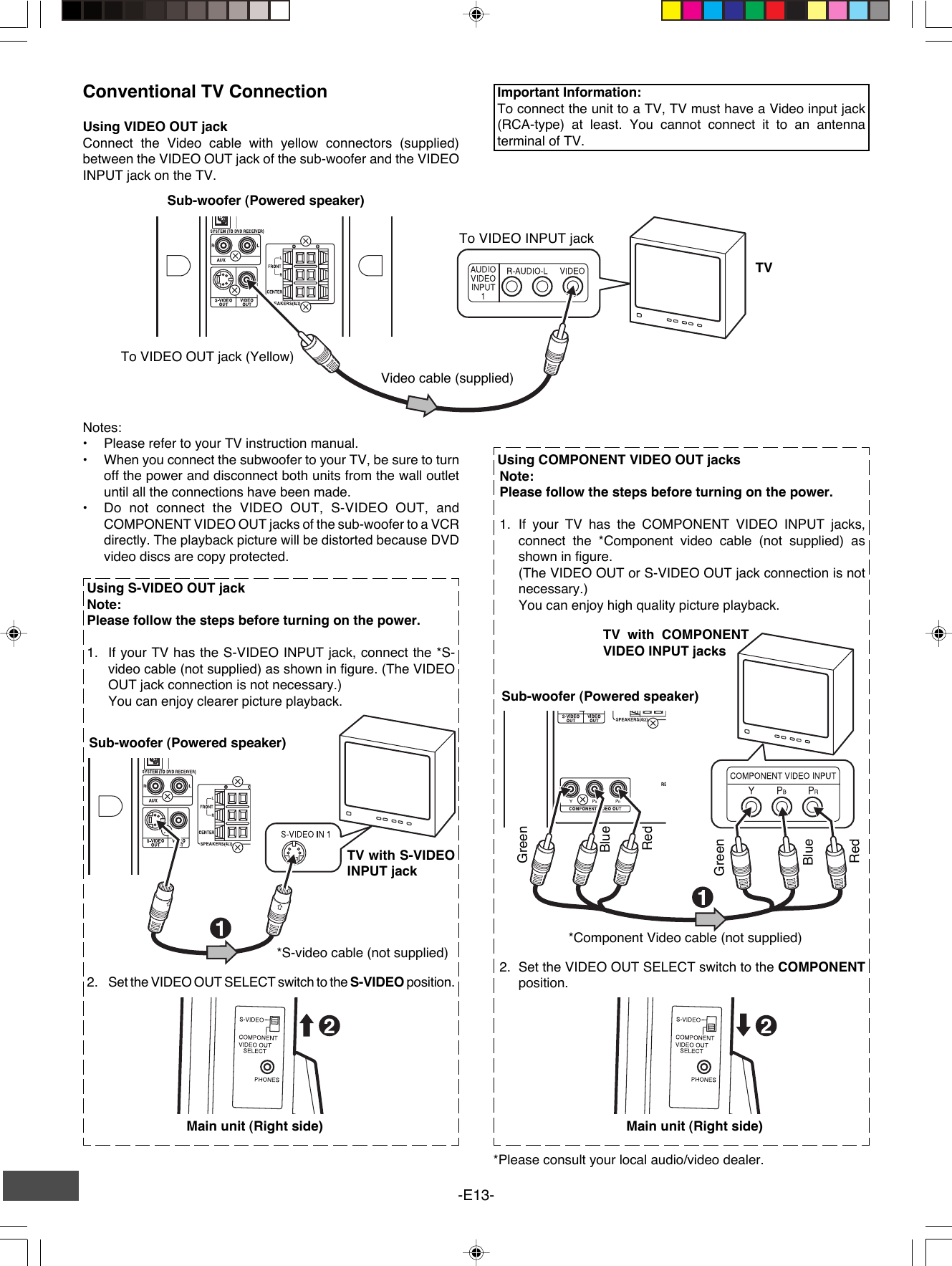 -E13-Conventional TV ConnectionUsing VIDEO OUT jackConnect the Video cable with yellow connectors (supplied)between the VIDEO OUT jack of the sub-woofer and the VIDEOINPUT jack on the TV.Notes:•Please refer to your TV instruction manual.•When you connect the subwoofer to your TV, be sure to turnoff the power and disconnect both units from the wall outletuntil all the connections have been made.•Do not connect the VIDEO OUT, S-VIDEO OUT, andCOMPONENT VIDEO OUT jacks of the sub-woofer to a VCRdirectly. The playback picture will be distorted because DVDvideo discs are copy protected.*S-video cable (not supplied)TV with S-VIDEOINPUT jackSub-woofer (Powered speaker)*Please consult your local audio/video dealer.TVImportant Information:To connect the unit to a TV, TV must have a Video input jack(RCA-type) at least. You cannot connect it to an antennaterminal of TV.Video cable (supplied)To VIDEO INPUT jackTo VIDEO OUT jack (Yellow)Sub-woofer (Powered speaker)Using S-VIDEO OUT jackNote:Please follow the steps before turning on the power.1. If your TV has the S-VIDEO INPUT jack, connect the *S-video cable (not supplied) as shown in figure. (The VIDEOOUT jack connection is not necessary.)You can enjoy clearer picture playback.Using COMPONENT VIDEO OUT jacksNote:Please follow the steps before turning on the power.1. If your TV has the COMPONENT VIDEO INPUT jacks,connect the *Component video cable (not supplied) asshown in figure.(The VIDEO OUT or S-VIDEO OUT jack connection is notnecessary.)You can enjoy high quality picture playback.TV with COMPONENTVIDEO INPUT jacks*Component Video cable (not supplied)RedBlueGreenSub-woofer (Powered speaker)RedBlueGreen2. Set the VIDEO OUT SELECT switch to the S-VIDEO position.2. Set the VIDEO OUT SELECT switch to the COMPONENTposition.Main unit (Right side) Main unit (Right side)