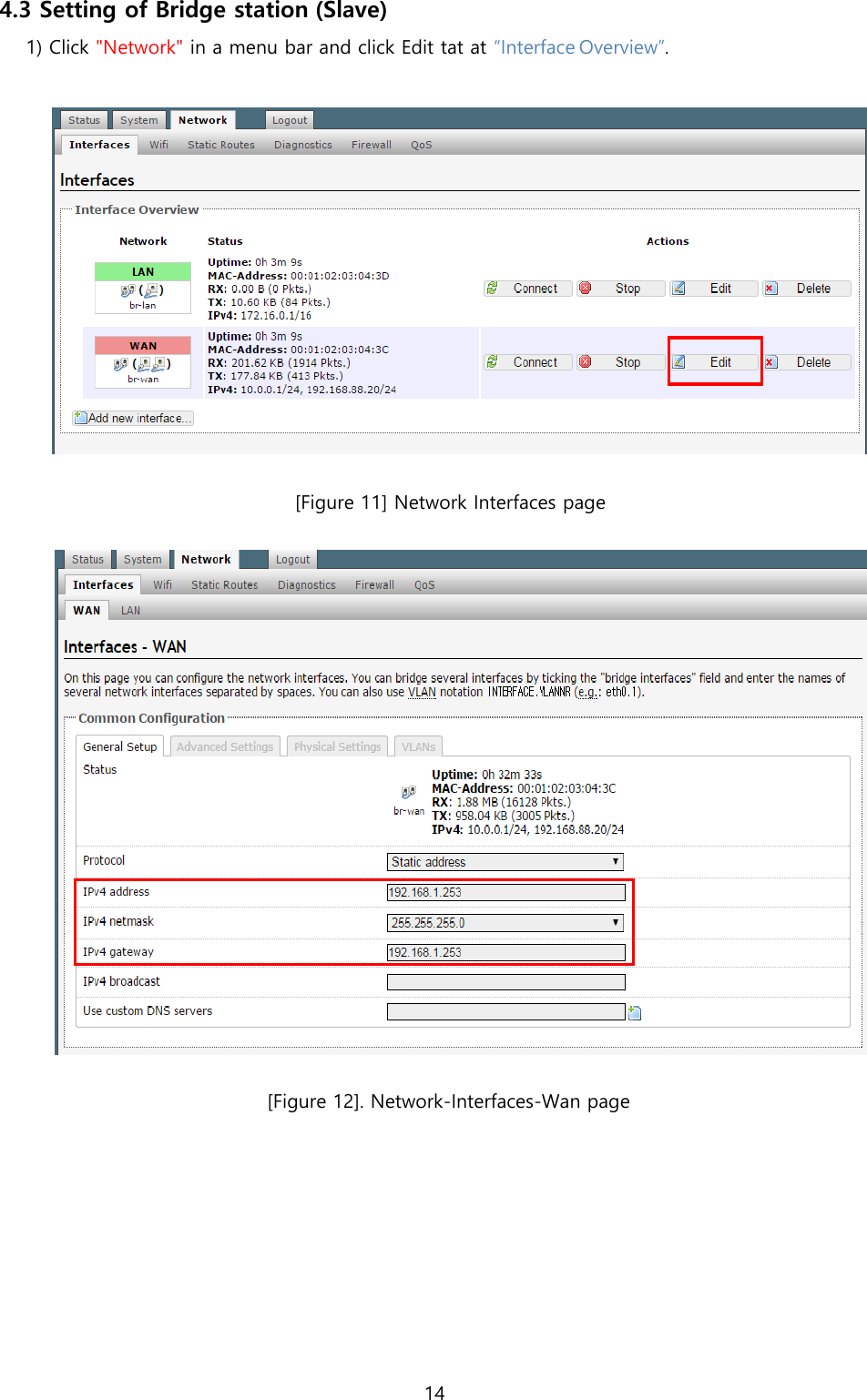 14  4.3 Setting of Bridge station (Slave) 1) Click &quot;Network&quot; in a menu bar and click Edit tat at “Interface Overview”.     [Figure 11] Network Interfaces page    [Figure 12]. Network-Interfaces-Wan page 