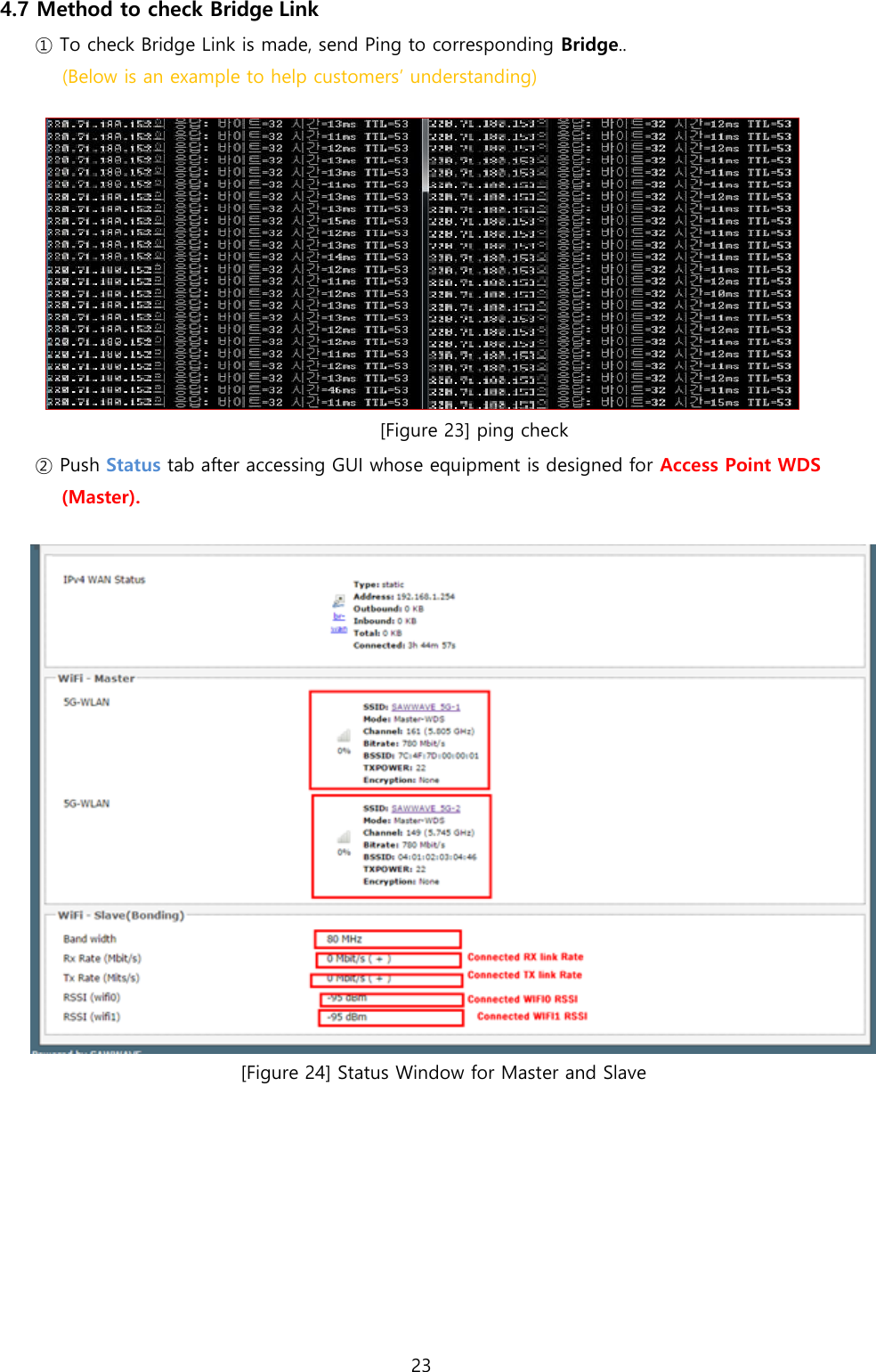 23  4.7 Method to check Bridge Link ① To check Bridge Link is made, send Ping to corresponding Bridge.. (Below is an example to help customers’ understanding)  [Figure 23] ping check ② Push Status tab after accessing GUI whose equipment is designed for Access Point WDS (Master).   [Figure 24] Status Window for Master and Slave