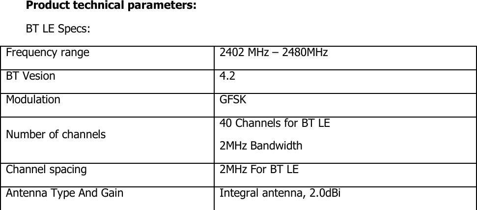 Product technical parameters: BT LE Specs: Frequency range 2402 MHz – 2480MHz BT Vesion 4.2 Modulation GFSK Number of channels  40 Channels for BT LE  2MHz Bandwidth Channel spacing 2MHz For BT LE Antenna Type And Gain Integral antenna, 2.0dBi  