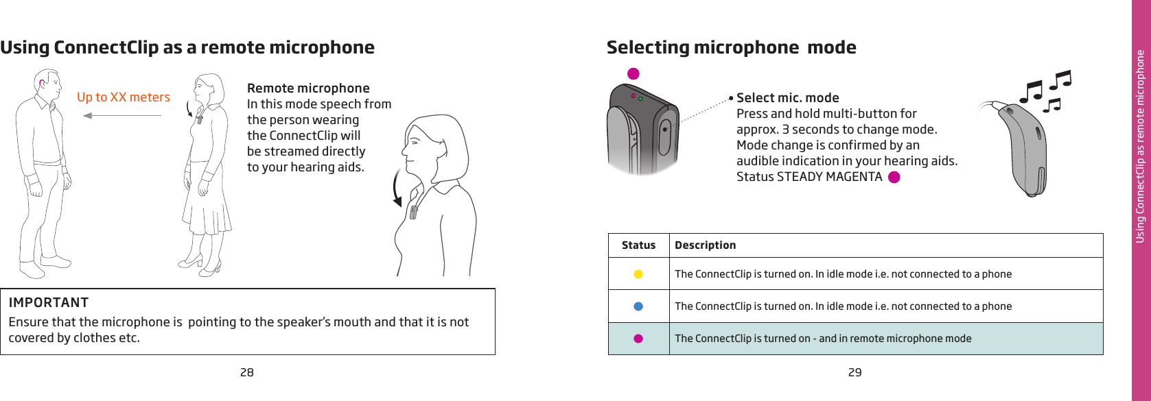 28 29Using ConnectClip as remote microphoneUsing ConnectClip as a remote microphone Selecting microphone  modeRemote microphoneIn this mode speech from  the person wearing  the ConnectClip will  be streamed directly  to your hearing aids.IMPORTANTEnsure that the microphone is  pointing to the speaker’s mouth and that it is not  covered by clothes etc.Up to XX metersStatus Description•The ConnectClip is turned on. In idle mode i.e. not connected to a phone•The ConnectClip is turned on. In idle mode i.e. not connected to a phone•The ConnectClip is turned on - and in remote microphone modeSelect mic. modePress and hold multi-button for approx. 3 seconds to change mode. Mode change is confirmed by an  audible indication in your hearing aids. Status STEADY MAGENTA  