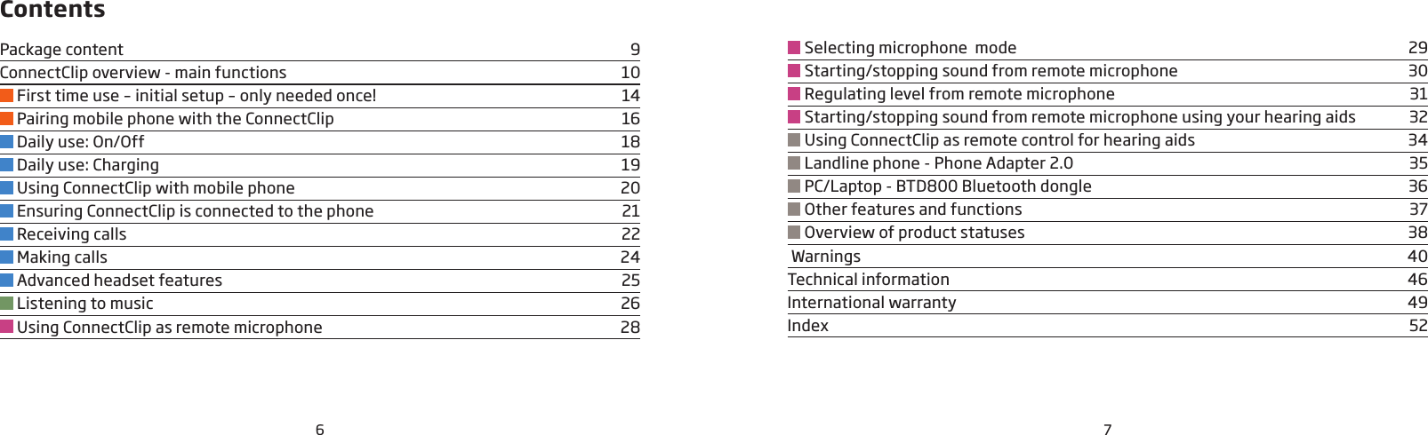 6 7ContentsPackage content  9ConnectClip overview - main functions  10 First time use – initial setup – only needed once!  14 Pairing mobile phone with the ConnectClip  16 Daily use: On/Off  18 Daily use: Charging  19 Using ConnectClip with mobile phone  20 Ensuring ConnectClip is connected to the phone  21 Receiving calls  22 Making calls  24 Advanced headset features  25 Listening to music  26 Using ConnectClip as remote microphone  28 Selecting microphone  mode  29 Starting/stopping sound from remote microphone  30 Regulating level from remote microphone  31 Starting/stopping sound from remote microphone using your hearing aids  32 Using ConnectClip as remote control for hearing aids  34 Landline phone - Phone Adapter 2.0  35 PC/Laptop - BTD800 Bluetooth dongle  36 Other features and functions  37 Overview of product statuses  38 Warnings  40Technical information  46International warranty  49Index 52