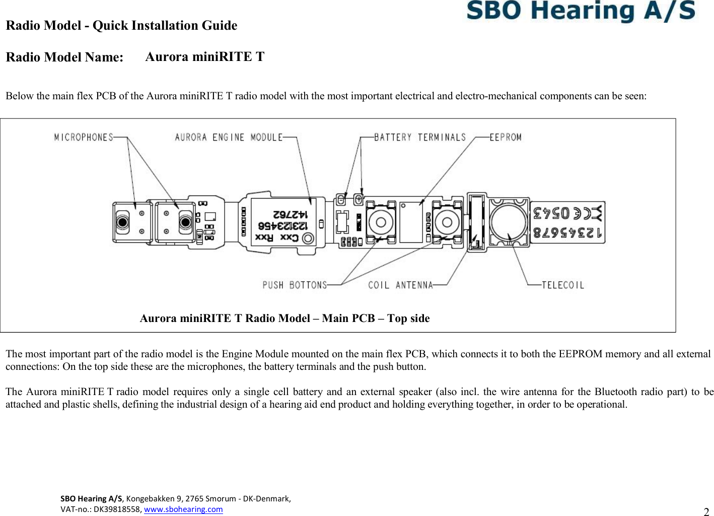 Radio Model - Quick Installation Guide Radio Model Name: Aurora miniRITE T SBO Hearing A/S, Kongebakken 9, 2765 Smorum - DK-Denmark,  VAT-no.: DK39818558, www.sbohearing.com   2     Below the main flex PCB of the Aurora miniRITE T radio model with the most important electrical and electro-mechanical components can be seen:    The most important part of the radio model is the Engine Module mounted on the main flex PCB, which connects it to both the EEPROM memory and all external connections: On the top side these are the microphones, the battery terminals and the push button.  The Aurora miniRITE T radio model requires only a  single cell battery and  an external  speaker  (also incl. the wire antenna for  the Bluetooth radio part) to  be attached and plastic shells, defining the industrial design of a hearing aid end product and holding everything together, in order to be operational.  Aurora miniRITE T Radio Model – Main PCB – Top side  