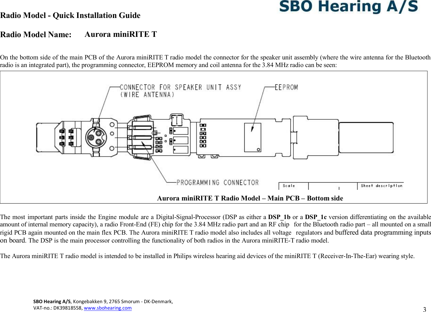 Radio Model - Quick Installation Guide Radio Model Name: Aurora miniRITE T SBO Hearing A/S, Kongebakken 9, 2765 Smorum - DK-Denmark,  VAT-no.: DK39818558, www.sbohearing.com   3     On the bottom side of the main PCB of the Aurora miniRITE T radio model the connector for the speaker unit assembly (where the wire antenna for the Bluetooth radio is an integrated part), the programming connector, EEPROM memory and coil antenna for the 3.84 MHz radio can be seen:   The most important  parts inside the Engine module are a Digital-Signal-Processor (DSP as either a DSP_1b or a DSP_1c version differentiating on the available amount of internal memory capacity), a radio Front-End (FE) chip for the 3.84 MHz radio part and an RF chip  for the Bluetooth radio part – all mounted on a small rigid PCB again mounted on the main flex PCB. The Aurora miniRITE T radio model also includes all voltage  regulators and buffered data programming inputs on board. The DSP is the main processor controlling the functionality of both radios in the Aurora miniRITE-T radio model.  The Aurora miniRITE T radio model is intended to be installed in Philips wireless hearing aid devices of the miniRITE T (Receiver-In-The-Ear) wearing style.  Aurora miniRITE T Radio Model – Main PCB – Bottom side 
