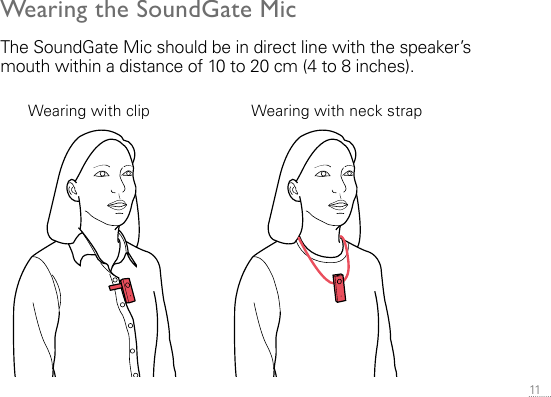 11 Wearing the SoundGate Mic The SoundGate Mic should be in direct line with the speaker’s mouth within a distance of 10 to 20 cm (4 to 8 inches).Wearing with clip Wearing with neck strap