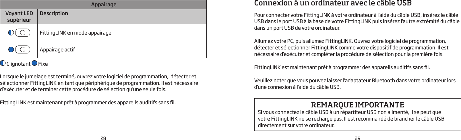 28 29AppairageVoyant LED supérieurDescriptionFittingLINK en mode appairageAppairage actif Clignotant   FixeLorsque le jumelage est terminé, ouvrez votre logiciel de programmation,  détecter et sélectionner FittingLINK en tant que périphérique de programmation. Il est nécessaire d’exécuter et de terminer cette procédure de sélection qu’une seule fois.FittingLINK est maintenant prêt à programmer des appareils auditifs sans l.Connexion à un ordinateur avec le câble USBPour connecter votre FittingLINK à votre ordinateur à l&apos;aide du câble USB, insérez le câble USB dans le port USB à la base de votre FittingLINK puis insérez l&apos;autre extrémité du câble dans un port USB de votre ordinateur. Allumez votre PC, puis allumez FittingLINK. Ouvrez votre logiciel de programmation, détecter et sélectionner FittingLINK comme votre dispositif de programmation. Il est nécessaire d’exécuter et compléter la procédure de sélection pour la première fois.FittingLINK est maintenant prêt à programmer des appareils auditifs sans l.Veuillez noter que vous pouvez laisser l&apos;adaptateur Bluetooth dans votre ordinateur lors d&apos;une connexion à l&apos;aide du câble USB.REMARQUE IMPORTANTE Si vous connectez le câble USB à un répartiteur USB non alimenté, il se peut que votre FittingLINK ne se recharge pas. Il est recommandé de brancher le câble USB directement sur votre ordinateur.