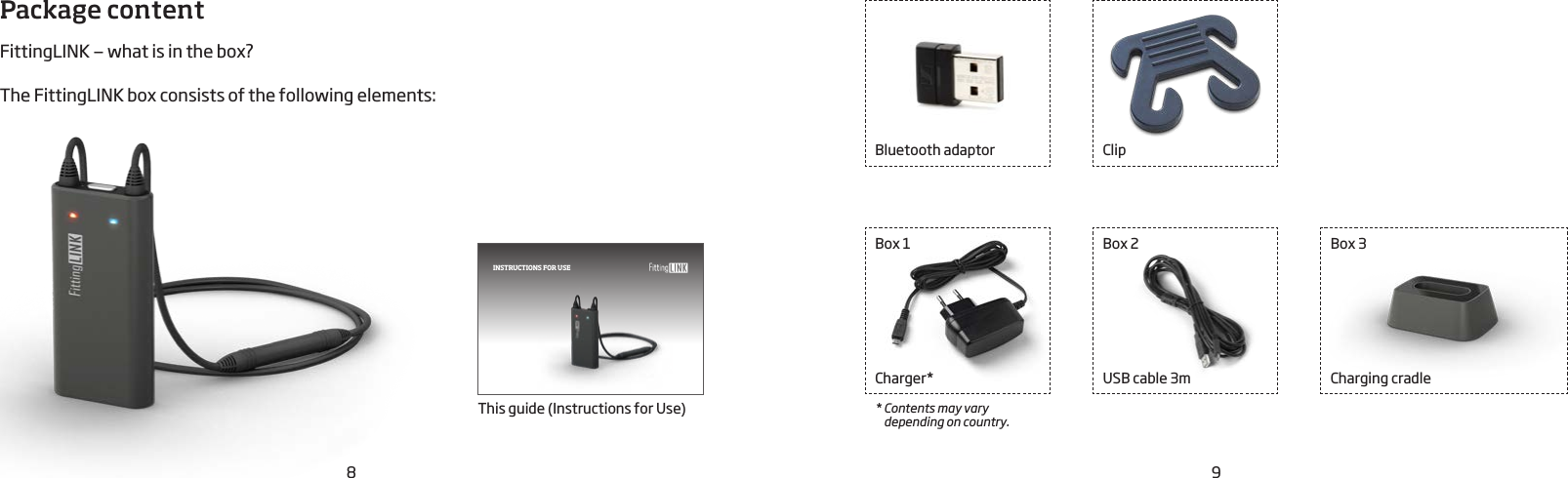 InstructIons for use8 9Package contentFittingLINK — what is in the box?The FittingLINK box consists of the following elements: USB cable 3mBox 1 Box 3Box 2Bluetooth adaptorCharging cradleClipCharger**  Contents may vary depending on country.This guide (Instructions for Use)