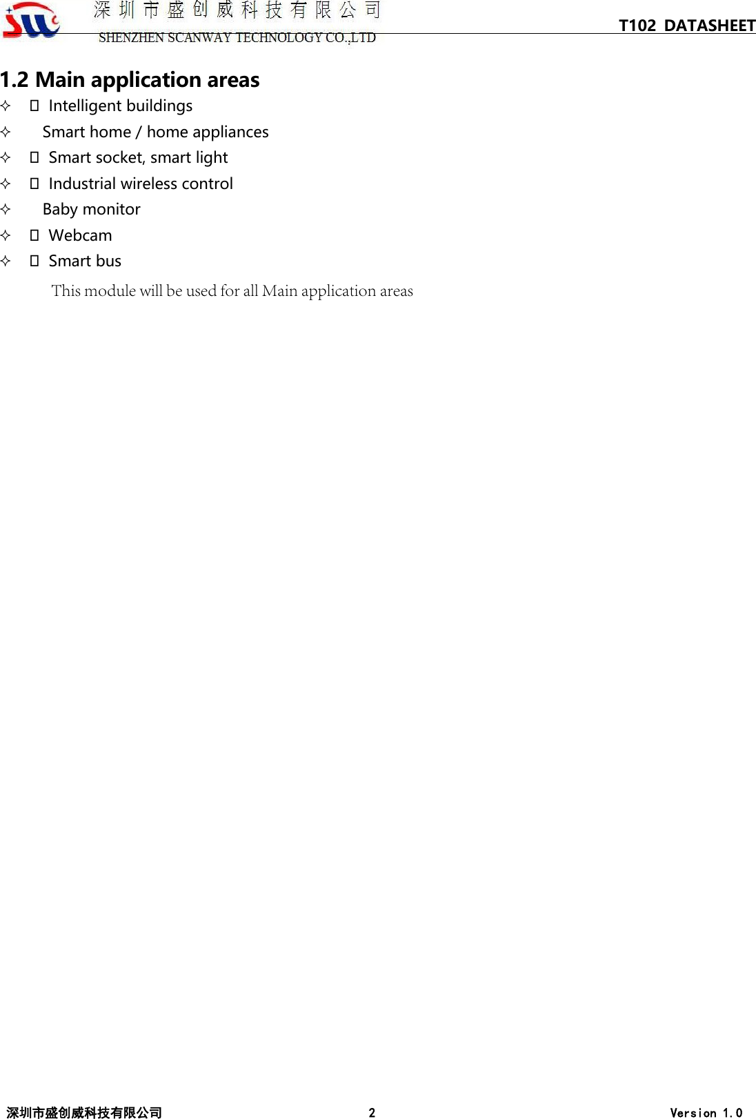 T102 DATASHEET 深圳市盛创威科技有限公司 2 Version 1.0 1.2 Main application areas  Intelligent buildings Smart home / home appliances  Smart socket, smart light   Industrial wireless control Baby monitor  Webcam   Smart busThis module will be used for all Main application areas