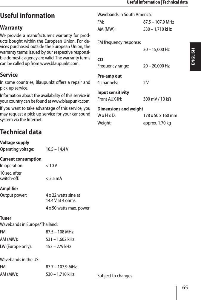 65ENGLISHUseful informationWarrantyWe provide a manufacturer's warranty for prod-ucts bought within the European Union. For de-vices purchased outside the European Union, the warranty terms issued by our respective responsi-ble domestic agency are valid. The warranty terms can be called up from www.blaupunkt.com. ServiceIn some countries, Blaupunkt oers a repair and pick-up service.Information about the availability of this service in your country can be found at www.blaupunkt.com.If you want to take advantage of this service, you may request a pick-up service for your car sound system via the Internet.Technical dataVoltage supplyOperating voltage:  10.5 &ndash; 14.4 VCurrent consumptionIn operation:  < 10 A10 sec. after switch-o:  < 3.5 mAAmplier Output power:  4 x 22 watts sine at  14.4 V at 4ohms.  4 x 50 watts max. powerTunerWavebands in Europe/Thailand:FM:  87.5 &ndash; 108 MHzAM (MW):  531 &ndash; 1,602 kHzLW (Europe only):  153 &ndash; 279 kHzWavebands in the US:FM:  87.7 &ndash; 107.9 MHzAM (MW):  530 &ndash; 1,710 kHzWavebands in South America:FM:  87.5 &ndash; 107.9 MHzAM (MW):  530 &ndash; 1,710 kHzFM frequency response:  30 &ndash; 15,000 HzCDFrequency range:  20 &ndash; 20,000 HzPre-amp out4 channels:  2 VInput sensitivityFront AUX-IN:  300 mV / 10 kΩDimensions and weightW x H x D:  178 x 50 x 160 mmWeight:  approx. 1.70 kgSubject to changesUseful information | Technical data