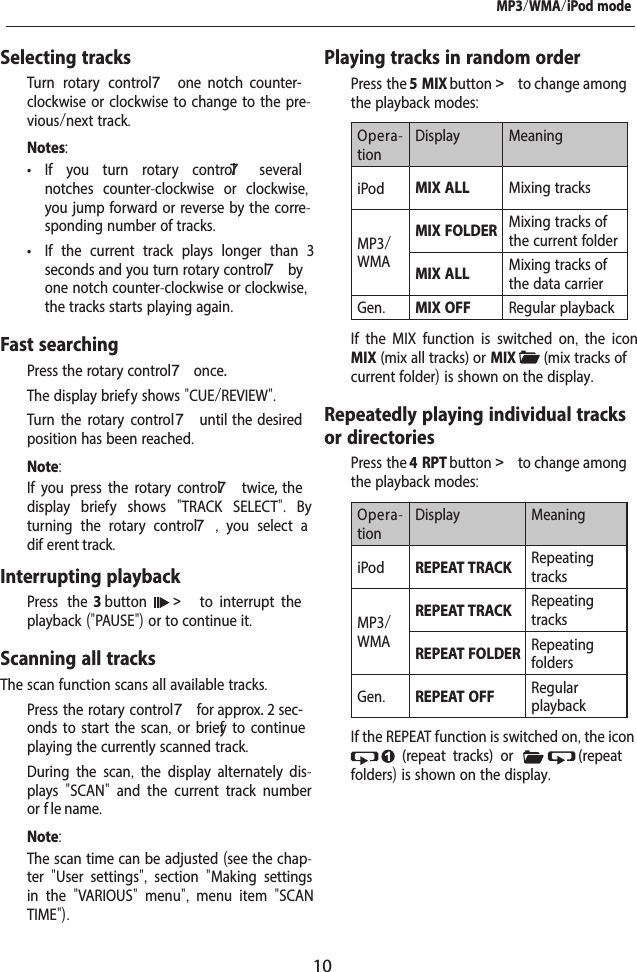 10MP3/WMA/iPod modeSelecting tracks  Turn rotary control 7  one  notch  counter-clockwise or clockwise to change to the pre-vious/next track.Notes: &bull; If you turn rotary control 7  several notches counter-clockwise or clockwise, you jump forward or reverse by the corre-sponding number of tracks. &bull; If the current track plays longer than 3 seconds and you turn rotary control 7 by one notch counter-clockwise or clockwise, the tracks starts playing again.Fast searching  Press the rotary control 7 once.The display brief y shows "CUE/REVIEW".  Turn the rotary control7 until  the  desired position has been reached. Note:If you press the rotary control 7 twice, the display brief y shows  "TRACK SELECT".  By turning the rotary control 7,  you select a dif erent track. Interrupting playback  Press the 3 button   >  to  interrupt  the playback ("PAUSE") or to continue it.Scanning all tracksThe scan function scans all available tracks.  Press the rotary control 7 for approx. 2 sec-onds to start the scan, or brief y to continue playing the currently scanned track.During the scan,  the display alternately dis-plays  "SCAN"  and the current track number or f le name. Note:The scan time can be adjusted (see the chap-ter  "User settings",  section  "Making settings in the  "VARIOUS"  menu",  menu item  "SCAN TIME"). Playing tracks in random order  Press the 5 MIX button > to change among the playback modes:Opera-tionDisplay MeaningiPod MIX ALL Mixing tracksMP3/WMAMIX FOLDER Mixing tracks of the current folderMIX ALL Mixing tracks of the data carrierGen.MIX OFF Regular playbackIf the MIX function is switched on,  the icon MIX (mix all tracks) or MIX  (mix tracks of current folder) is shown on the display.Repeatedly playing individual tracks or directories  Press the 4 RPT button > to change among the playback modes:Opera-tionDisplay MeaningiPod REPEAT TRACK Repeating tracksMP3/WMAREPEAT TRACK Repeating tracksREPEAT FOLDER Repeating foldersGen.REPEAT OFF Regular playbackIf the REPEAT function is switched on, the icon   (repeat  tracks)  or   (repeat folders) is shown on the display.