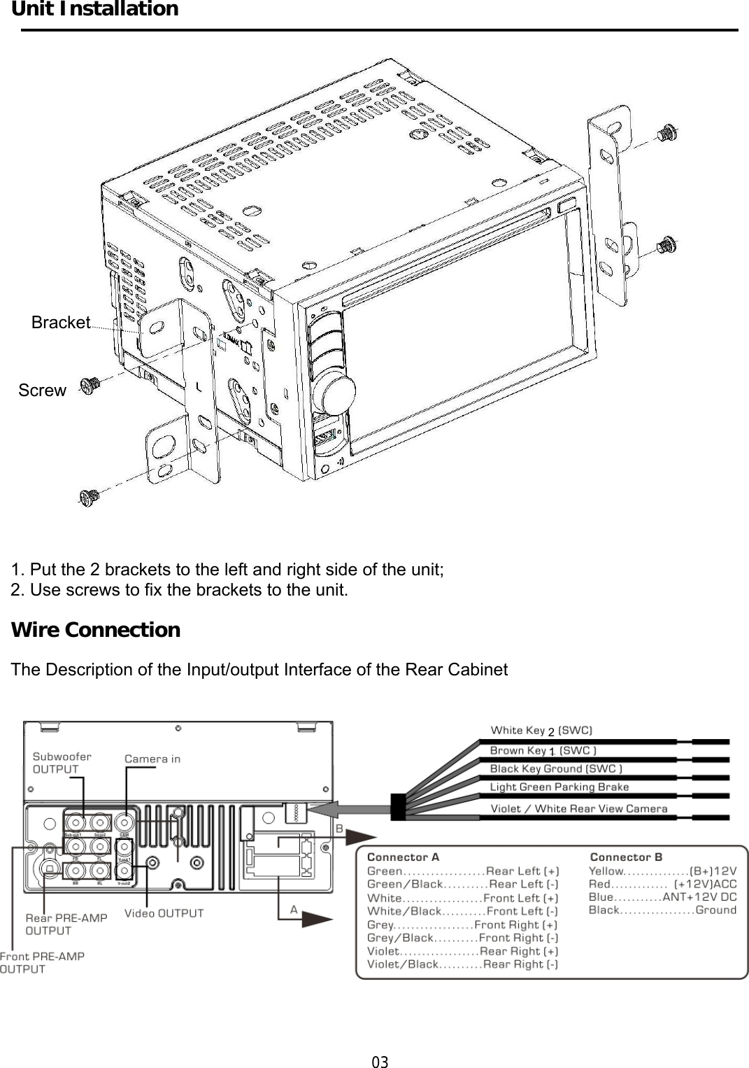     Unit Installation         1. Put the 2 brackets to the left and right side of the unit; 2. Use screws to fix the brackets to the unit.  Wire Connection  The Description of the Input/output Interface of the Rear Cabinet       03  Bracket Screw 2 1 