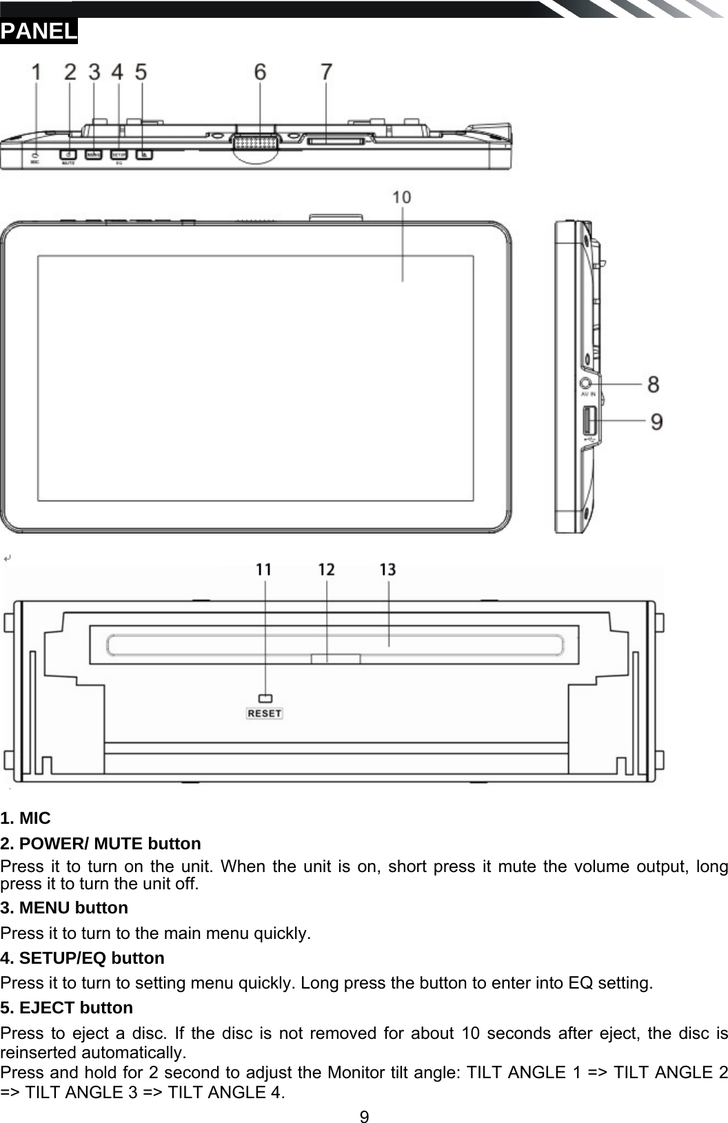   9PANEL      1. MIC 2. POWER/ MUTE button Press it to turn on the unit. When the unit is on, short press it mute the volume output, long press it to turn the unit off. 3. MENU button Press it to turn to the main menu quickly. 4. SETUP/EQ button Press it to turn to setting menu quickly. Long press the button to enter into EQ setting. 5. EJECT button Press to eject a disc. If the disc is not removed for about 10 seconds after eject, the disc is reinserted automatically. Press and hold for 2 second to adjust the Monitor tilt angle: TILT ANGLE 1 => TILT ANGLE 2 => TILT ANGLE 3 => TILT ANGLE 4. 