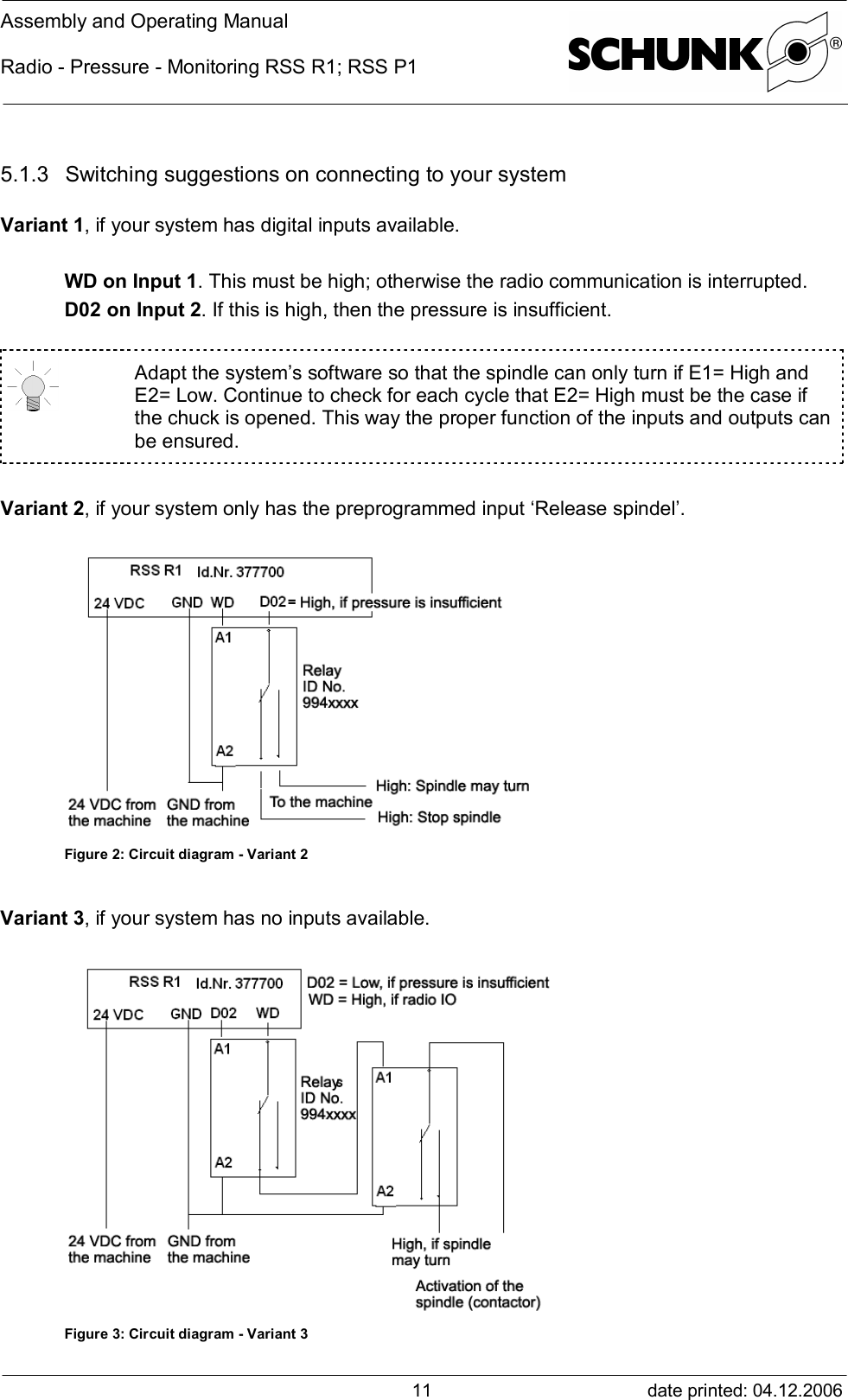 Assembly and Operating ManualRadio - Pressure - Monitoring RSS R1; RSS P1date printed: 04.12.2006115.1.3 Switching suggestions on connecting to your systemVariant 1, if your system has digital inputs available.WD on Input 1. This must be high; otherwise the radio communication is interrupted.D02 on Input 2. If this is high, then the pressure is insufficient.Adapt the system’s software so that the spindle can only turn if E1= High andE2= Low. Continue to check for each cycle that E2= High must be the case ifthe chuck is opened. This way the proper function of the inputs and outputs canbe ensured.Variant 2, if your system only has the preprogrammed input ‘Release spindel’.Figure 2: Circuit diagram - Variant 2Variant 3, if your system has no inputs available.Figure 3: Circuit diagram - Variant 3