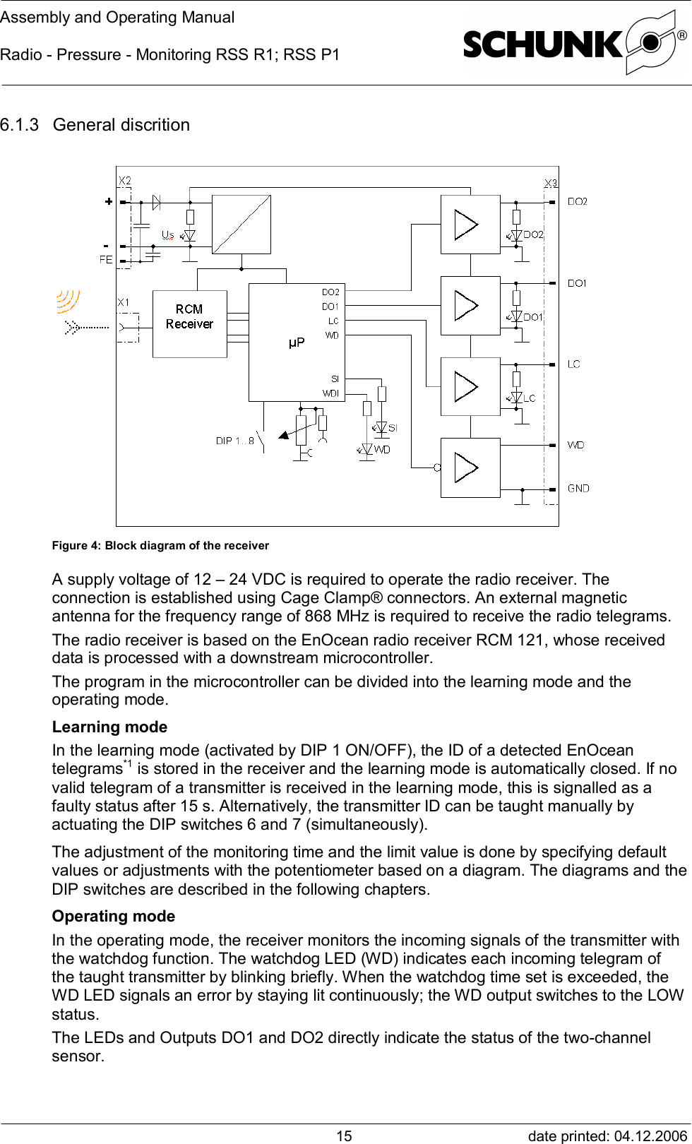 Assembly and Operating ManualRadio - Pressure - Monitoring RSS R1; RSS P1date printed: 04.12.2006156.1.3 General discritionFigure 4: Block diagram of the receiverA supply voltage of 12 – 24 VDC is required to operate the radio receiver. Theconnection is established using Cage Clamp® connectors. An external magneticantenna for the frequency range of 868 MHz is required to receive the radio telegrams.The radio receiver is based on the EnOcean radio receiver RCM 121, whose receiveddata is processed with a downstream microcontroller.The program in the microcontroller can be divided into the learning mode and theoperating mode.Learning modeIn the learning mode (activated by DIP 1 ON/OFF), the ID of a detected EnOceantelegrams*1 is stored in the receiver and the learning mode is automatically closed. If novalid telegram of a transmitter is received in the learning mode, this is signalled as afaulty status after 15 s. Alternatively, the transmitter ID can be taught manually byactuating the DIP switches 6 and 7 (simultaneously).The adjustment of the monitoring time and the limit value is done by specifying defaultvalues or adjustments with the potentiometer based on a diagram. The diagrams and theDIP switches are described in the following chapters.Operating modeIn the operating mode, the receiver monitors the incoming signals of the transmitter withthe watchdog function. The watchdog LED (WD) indicates each incoming telegram ofthe taught transmitter by blinking briefly. When the watchdog time set is exceeded, theWD LED signals an error by staying lit continuously; the WD output switches to the LOWstatus.The LEDs and Outputs DO1 and DO2 directly indicate the status of the two-channelsensor.