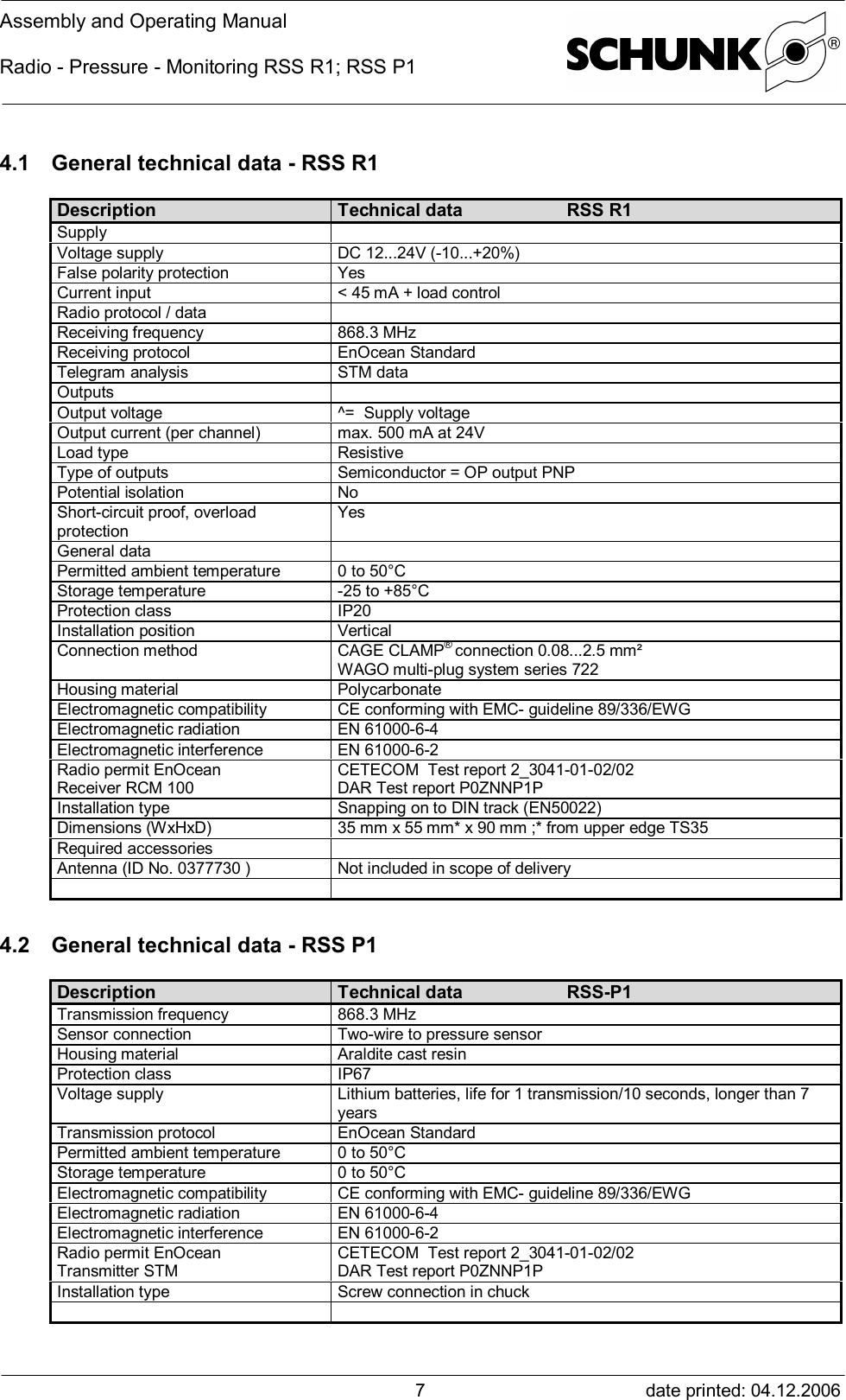 Assembly and Operating ManualRadio - Pressure - Monitoring RSS R1; RSS P1date printed: 04.12.200674.1 General technical data - RSS R1Description Technical data RSS R1SupplyVoltage supply DC 12...24V (-10...+20%)False polarity protection YesCurrent input &lt; 45 mA + load controlRadio protocol / dataReceiving frequency 868.3 MHzReceiving protocol EnOcean StandardTelegram analysis STM dataOutputsOutput voltage ^=  Supply voltageOutput current (per channel) max. 500 mA at 24VLoad type ResistiveType of outputs Semiconductor = OP output PNPPotential isolation NoShort-circuit proof, overloadprotectionYesGeneral dataPermitted ambient temperature 0 to 50°CStorage temperature -25 to +85°CProtection class IP20Installation position VerticalConnection method CAGE CLAMP® connection 0.08...2.5 mm²WAGO multi-plug system series 722Housing material PolycarbonateElectromagnetic compatibility CE conforming with EMC- guideline 89/336/EWGElectromagnetic radiation EN 61000-6-4Electromagnetic interference EN 61000-6-2Radio permit EnOceanReceiver RCM 100CETECOM  Test report 2_3041-01-02/02DAR Test report P0ZNNP1PInstallation type Snapping on to DIN track (EN50022)Dimensions (WxHxD) 35 mm x 55 mm* x 90 mm ;* from upper edge TS35Required accessoriesAntenna (ID No. 0377730 ) Not included in scope of delivery4.2 General technical data - RSS P1Description Technical data RSS-P1Transmission frequency 868.3 MHzSensor connection Two-wire to pressure sensorHousing material Araldite cast resinProtection class IP67Voltage supply Lithium batteries, life for 1 transmission/10 seconds, longer than 7yearsTransmission protocol EnOcean StandardPermitted ambient temperature 0 to 50°CStorage temperature 0 to 50°CElectromagnetic compatibility CE conforming with EMC- guideline 89/336/EWGElectromagnetic radiation EN 61000-6-4Electromagnetic interference EN 61000-6-2Radio permit EnOceanTransmitter STMCETECOM  Test report 2_3041-01-02/02DAR Test report P0ZNNP1PInstallation type Screw connection in chuck