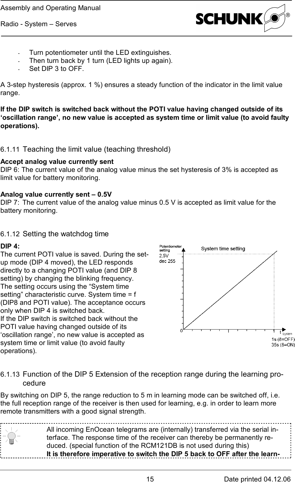 Assembly and Operating ManualRadio - System – Serves15 Date printed 04.12.06-  Turn potentiometer until the LED extinguishes.-  Then turn back by 1 turn (LED lights up again).-  Set DIP 3 to OFF.A 3-step hysteresis (approx. 1 %) ensures a steady function of the indicator in the limit valuerange.If the DIP switch is switched back without the POTI value having changed outside of its‘oscillation range’, no new value is accepted as system time or limit value (to avoid faultyoperations).6.1.11  Teaching the limit value (teaching threshold)Accept analog value currently sentDIP 6: The current value of the analog value minus the set hysteresis of 3% is accepted aslimit value for battery monitoring.Analog value currently sent – 0.5VDIP 7:The current value of the analog value minus 0.5 V is accepted as limit value for thebattery monitoring.6.1.12  Setting the watchdog timeDIP 4:The current POTI value is saved. During the set-up mode (DIP 4 moved), the LED respondsdirectly to a changing POTI value (and DIP 8setting) by changing the blinking frequency.The setting occurs using the “System timesetting” characteristic curve. System time = f(DIP8 and POTI value). The acceptance occursonly when DIP 4 is switched back.If the DIP switch is switched back without thePOTI value having changed outside of its‘oscillation range’, no new value is accepted assystem time or limit value (to avoid faultyoperations).6.1.13  Function of the DIP 5 Extension of the reception range during the learning pro-cedureBy switching on DIP 5, the range reduction to 5 m in learning mode can be switched off, i.e.the full reception range of the receiver is then used for learning, e.g. in order to learn moreremote transmitters with a good signal strength.All incoming EnOcean telegrams are (internally) transferred via the serial in-terface. The response time of the receiver can thereby be permanently re-duced. (special function of the RCM121DB is not used during this)It is therefore imperative to switch the DIP 5 back to OFF after the learn-