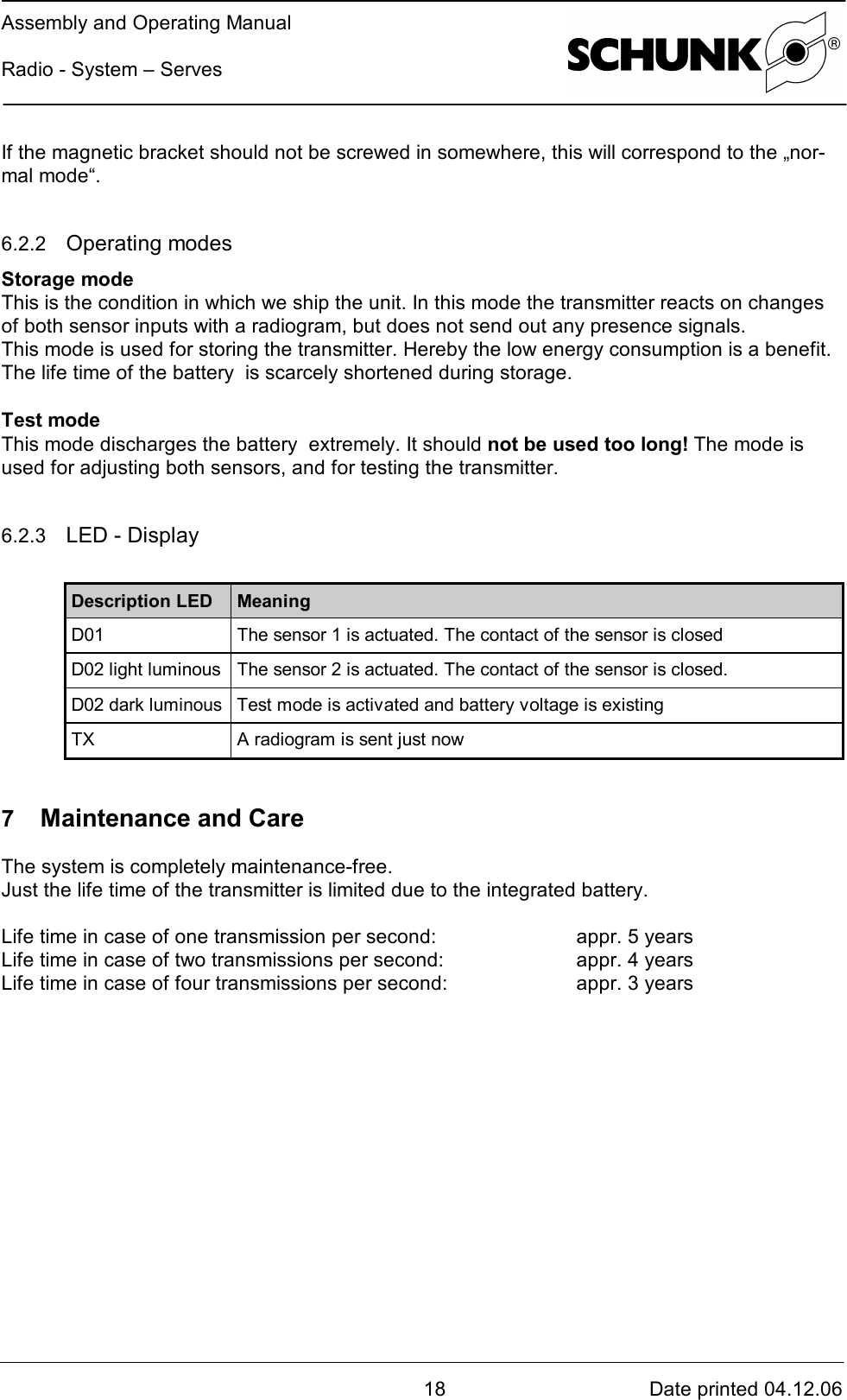 Assembly and Operating ManualRadio - System – Serves18 Date printed 04.12.06If the magnetic bracket should not be screwed in somewhere, this will correspond to the „nor-mal mode“.6.2.2  Operating modesStorage modeThis is the condition in which we ship the unit. In this mode the transmitter reacts on changesof both sensor inputs with a radiogram, but does not send out any presence signals.This mode is used for storing the transmitter. Hereby the low energy consumption is a benefit.The life time of the battery  is scarcely shortened during storage.Test modeThis mode discharges the battery  extremely. It should not be used too long! The mode isused for adjusting both sensors, and for testing the transmitter.6.2.3  LED - DisplayDescription LED MeaningD01 The sensor 1 is actuated. The contact of the sensor is closedD02 light luminous The sensor 2 is actuated. The contact of the sensor is closed.D02 dark luminousTest mode is activated and battery voltage is existingTX A radiogram is sent just now7  Maintenance and CareThe system is completely maintenance-free.Just the life time of the transmitter is limited due to the integrated battery.Life time in case of one transmission per second: appr. 5 yearsLife time in case of two transmissions per second: appr. 4 yearsLife time in case of four transmissions per second: appr. 3 years