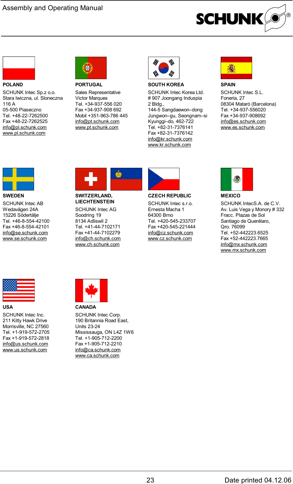 Assembly and Operating Manual23 Date printed 04.12.06POLANDSCHUNK Intec Sp.z o.o.Stara Iwiczna, ul. Sloneczna116 A05-500 PiasecznoTel. +48-22-7262500Fax +48-22-7262525info@pl.schunk.comwww.pl.schunk.comPORTUGALSales RepresentativeVictor MarquesTel. +34-937-556 020Fax +34-937-908 692Mobil +351-963-786 445info@pt.schunk.comwww.pt.schunk.comSOUTH KOREASCHUNK Intec Korea Ltd.# 907 Joongang Induspia2 Bldg.,144-5 Sangdaewon–dongJungwon–gu, Seongnam–siKyunggi–do, 462-722Tel. +82-31-7376141Fax +82-31-7376142info@kr.schunk.comwww.kr.schunk.comSPAINSCHUNK Intec S.L.Foneria, 2708304 Mataró (Barcelona)Tel. +34-937-556020Fax +34-937-908692info@es.schunk.comwww.es.schunk.com  SWEDENSCHUNK Intec ABWedavägen 24A15226 SödertäljeTel. +46-8-554-42100Fax +46-8-554-42101info@se.schunk.comwww.se.schunk.comSWITZERLAND,LIECHTENSTEINSCHUNK Intec AGSoodring 198134 Adliswil 2Tel. +41-44-7102171Fax +41-44-7102279info@ch.schunk.comwww.ch.schunk.comCZECH REPUBLICSCHUNK Intec s.r.o.Ernesta Macha 164300 BrnoTel. +420-545-233707Fax +420-545-221444info@cz.schunk.comwww.cz.schunk.comMEXICOSCHUNK IntecS.A. de C.V.Av. Luis Vega y Monory # 332Fracc. Plazas de SolSantiago de Querélaro,Qro. 76099Tel. +52-442223.6525Fax +52-442223.7665info@mx.schunk.comwww.mx.schunk.comUSASCHUNK Intec Inc.211 Kitty Hawk DriveMorrisville, NC 27560Tel. +1-919-572-2705Fax +1-919-572-2818info@us.schunk.comwww.us.schunk.comCANADASCHUNK Intec Corp.190 Britannia Road East,Units 23-24Mississauga, ON L4Z 1W6Tel. +1-905-712-2200Fax +1-905-712-2210info@ca.schunk.comwww.ca.schunk.com