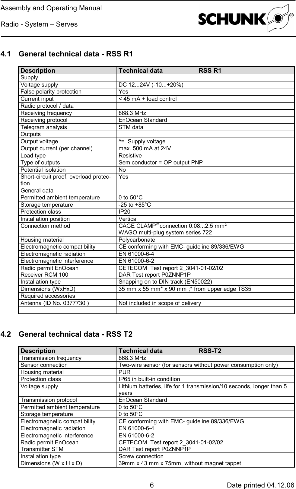 Assembly and Operating ManualRadio - System – Serves6Date printed 04.12.064.1 General technical data - RSS R1Description Technical data RSS R1SupplyVoltage supply DC 12...24V (-10...+20%)False polarity protection YesCurrent input &lt; 45 mA + load controlRadio protocol / dataReceiving frequency 868.3 MHzReceiving protocol EnOcean StandardTelegram analysis STM dataOutputsOutput voltage ^=  Supply voltageOutput current (per channel) max. 500 mA at 24VLoad type ResistiveType of outputs Semiconductor = OP output PNPPotential isolation NoShort-circuit proof, overload protec-tionYesGeneral dataPermitted ambient temperature 0 to 50°CStorage temperature -25 to +85°CProtection class IP20Installation position VerticalConnection method CAGE CLAMP® connection 0.08...2.5 mm²WAGO multi-plug system series 722Housing material PolycarbonateElectromagnetic compatibility CE conforming with EMC- guideline 89/336/EWGElectromagnetic radiation EN 61000-6-4Electromagnetic interference EN 61000-6-2Radio permit EnOceanReceiver RCM 100CETECOM  Test report 2_3041-01-02/02DAR Test report P0ZNNP1PInstallation type Snapping on to DIN track (EN50022)Dimensions (WxHxD) 35 mm x 55 mm* x 90 mm ;* from upper edge TS35Required accessoriesAntenna (ID No. 0377730 ) Not included in scope of delivery4.2 General technical data - RSS T2Description Technical data RSS-T2Transmission frequency 868.3 MHzSensor connection Two-wire sensor (for sensors without power consumption only)Housing material PURProtection class IP65 in built-in conditionVoltage supply Lithium batteries, life for 1 transmission/10 seconds, longer than 5yearsTransmission protocol EnOcean StandardPermitted ambient temperature 0 to 50°CStorage temperature 0 to 50°CElectromagnetic compatibility CE conforming with EMC- guideline 89/336/EWGElectromagnetic radiation EN 61000-6-4Electromagnetic interference EN 61000-6-2Radio permit EnOceanTransmitter STMCETECOM  Test report 2_3041-01-02/02DAR Test report P0ZNNP1PInstallation type Screw connectionDimensions (W x H x D) 39mm x 43 mm x 75mm, without magnet tappet