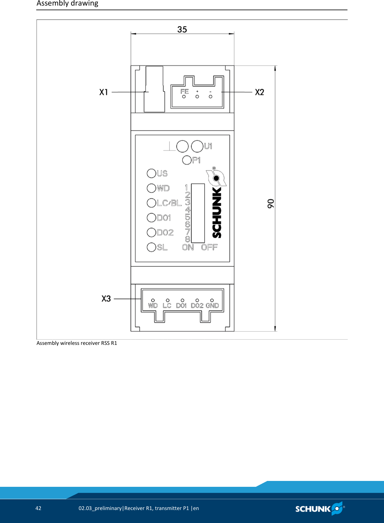 Assembly drawing     42  02.03_preliminary|Receiver R1, transmitter P1 |en    Assembly wireless receiver RSS R1 