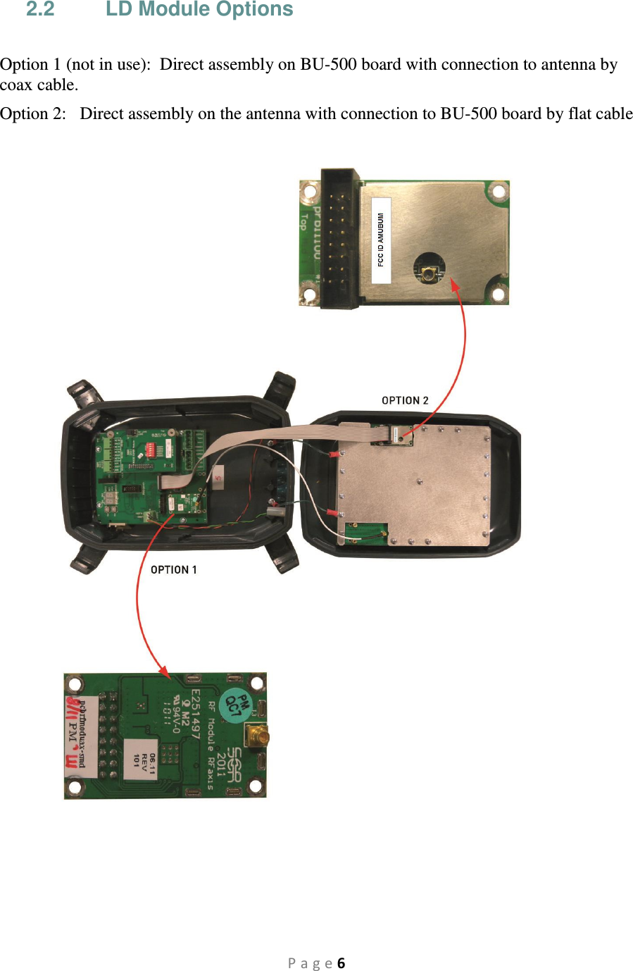 P a g e 6 2.2  LD Module Options  Option 1 (not in use):  Direct assembly on BU-500 board with connection to antenna by coax cable. Option 2:   Direct assembly on the antenna with connection to BU-500 board by flat cable     