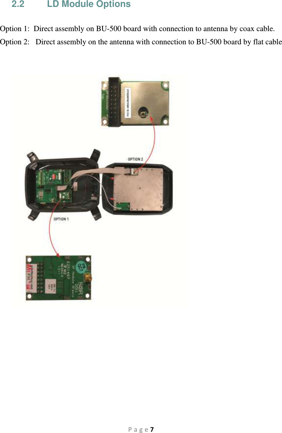 P a g e 7 2.2  LD Module Options  Option 1:  Direct assembly on BU-500 board with connection to antenna by coax cable. Option 2:   Direct assembly on the antenna with connection to BU-500 board by flat cable      