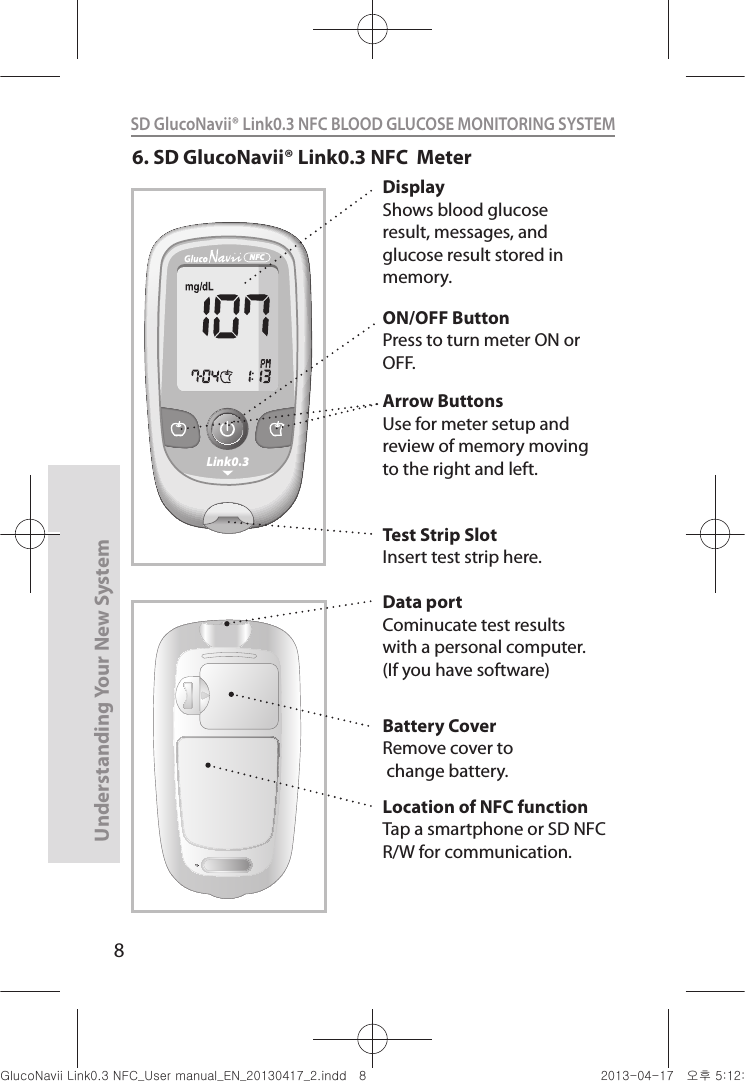 8Understanding Your New SystemSD GlucoNavii® Link0.3 NFC BLOOD GLUCOSE MONITORING SYSTEM DisplayShows blood glucose result, messages, and glucose result stored in memory.Link0.3NFC6. SD GlucoNavii® Link0.3 NFC  MeterArrow ButtonsUse for meter setup and review of memory moving to the right and left.ON/OFF ButtonPress to turn meter ON or OFF.Test Strip SlotInsert test strip here.Battery CoverRemove cover to change battery.Location of NFC functionTap a smartphone or SD NFC R/W for communication.Data portCominucate test results with a personal computer. (If you have software)nuGsWUZGumj|GluYWXZW[X^YUGGG_ YWXZTW[TX^GGG㝘䟸G\aXYa[X