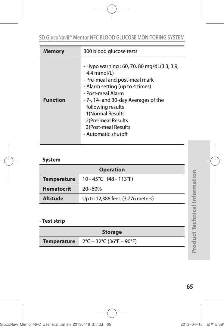 656565Product Technical Information65SD GlucoNavii® Mentor NFC BLOOD GLUCOSE MONITORING SYSTEM- System- Test strip OperationTemperature 10 - 45°C   (48 - 113°F)Hematocrit 20~60%AltitudeUp to 12,388 feet. (3,776 meters) StorageTemperature 2°C – 32°C (36°F – 90°F)Memory 300 blood glucose tests Function-  Hypo warning : 60, 70, 80 mg/dL(3.3, 3.9, 4.4 mmol/L)- Pre-meal and post-meal mark- Alarm setting (up to 4 times)- Post-meal Alarm-  7-, 14- and 30-day Averages of the following results  1)Normal Results  2)Pre-meal Results  3)Post-meal Results- Automatic shutonuGtGumj|GYWXZW[X]ZUGGG]\ YWXZTW[TX]GGG㝘䟸G\a\`aWW