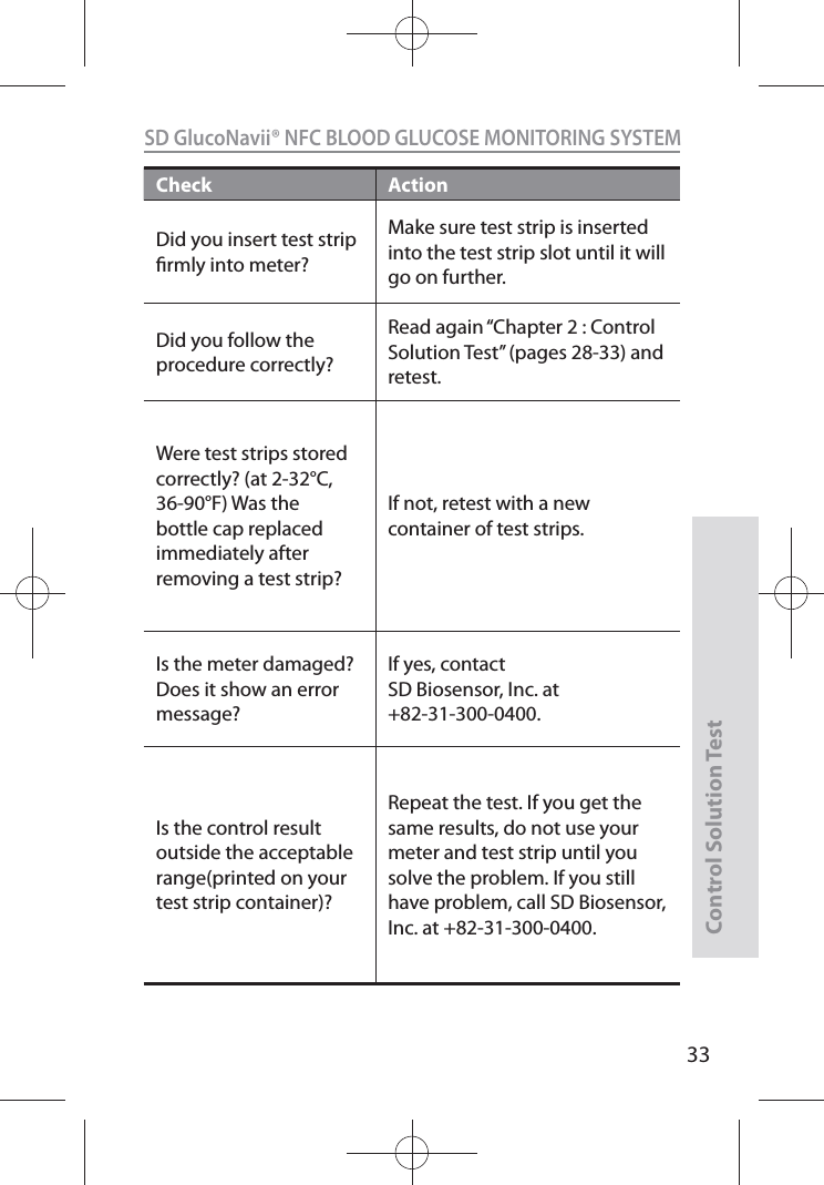 SD GlucoNavii® NFC BLOOD GLUCOSE MONITORING SYSTEMControl Solution Test33Check ActionDid you insert test strip rmly into meter? Make sure test strip is inserted into the test strip slot until it will go on further.Did you follow the procedure correctly? Read again “Chapter 2 : Control Solution Test” (pages 28-33) and retest. Were test strips stored correctly? (at 2-32°C, 36-90°F) Was the bottle cap replaced immediately after removing a test strip? If not, retest with a new container of test strips. Is the meter damaged? Does it show an error message?If yes, contact SD Biosensor, Inc. at +82-31-300-0400.Is the control result outside the acceptable range(printed on your test strip container)?Repeat the test. If you get the same results, do not use your meter and test strip until you solve the problem. If you still have problem, call SD Biosensor, Inc. at +82-31-300-0400.