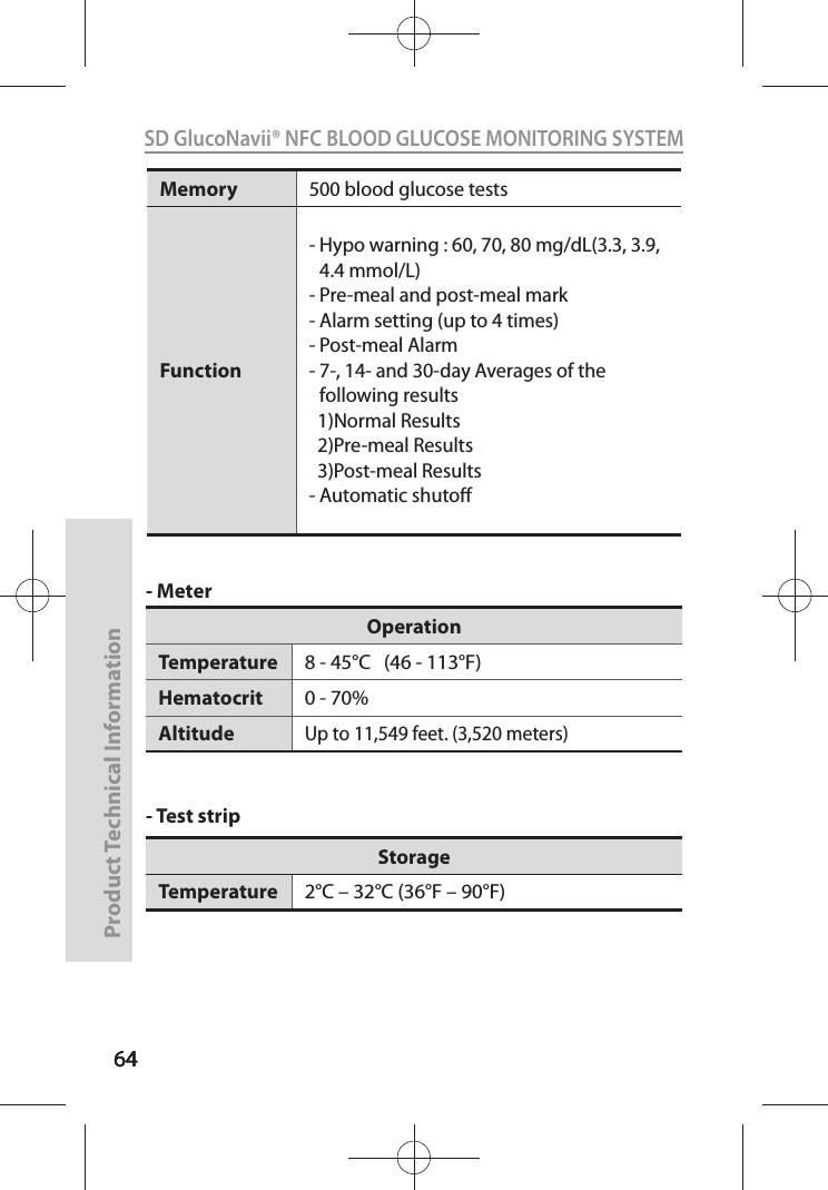 646464SD GlucoNavii® NFC BLOOD GLUCOSE MONITORING SYSTEMProduct Technical Information64- Meter- Test strip OperationTemperature 8 - 45°C   (46 - 113°F)Hematocrit 0 - 70%AltitudeUp to 11,549 feet. (3,520 meters) StorageTemperature 2°C – 32°C (36°F – 90°F)Memory 500 blood glucose tests Function-  Hypo warning : 60, 70, 80 mg/dL(3.3, 3.9, 4.4 mmol/L)- Pre-meal and post-meal mark- Alarm setting (up to 4 times)- Post-meal Alarm-  7-, 14- and 30-day Averages of the following results  1)Normal Results  2)Pre-meal Results  3)Post-meal Results- Automatic shuto