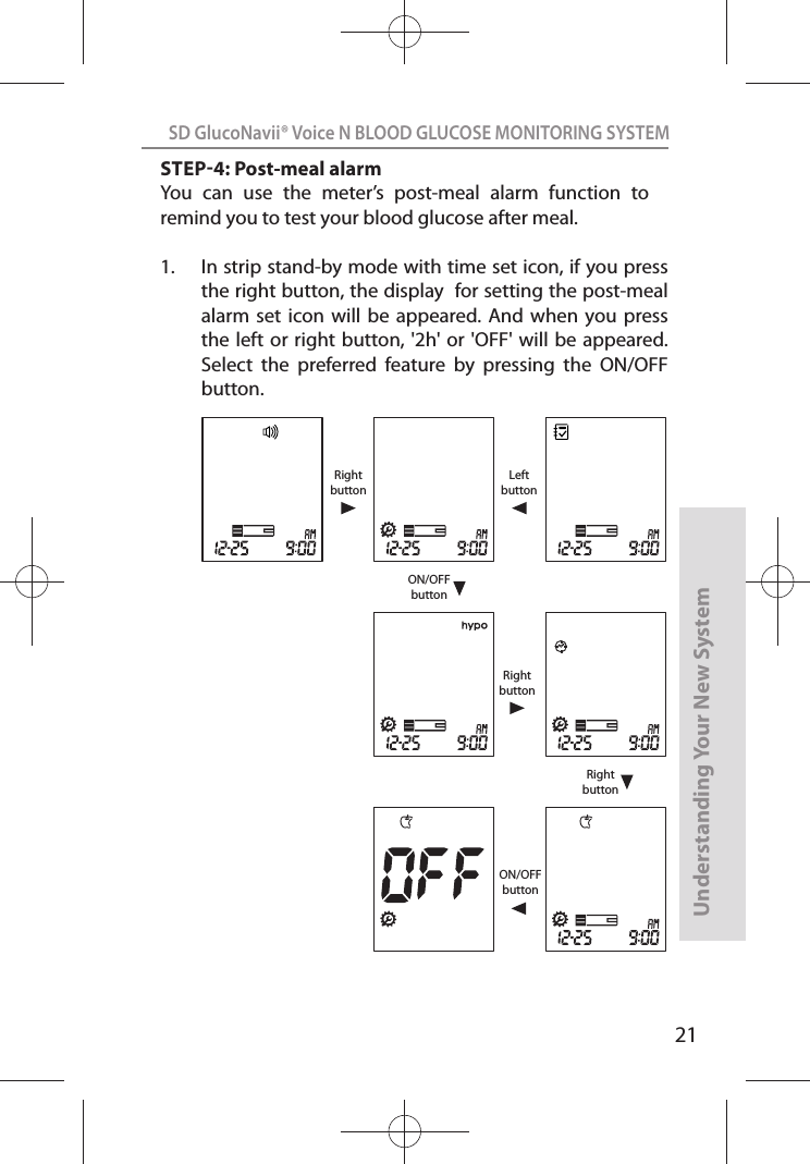 21SD GlucoNavii® Voice N BLOOD GLUCOSE MONITORING SYSTEMUnderstanding Your New SystemSTEP4: Post-meal alarmYou  can  use  the  meter’s  post-meal  alarm  function  to remind you to test your blood glucose after meal.1.  In strip stand-by mode with time set icon, if you press the right button, the display  for setting the post-meal alarm  set icon  will  be appeared.  And when  you press the left  or right button, &apos;2h&apos; or &apos;OFF&apos;  will be appeared. Select  the  preferred  feature  by  pressing  the  ON/OFF button.ON/OFFbuttonON/OFFbuttonRightbuttonRightbuttonLeftbuttonRightbutton