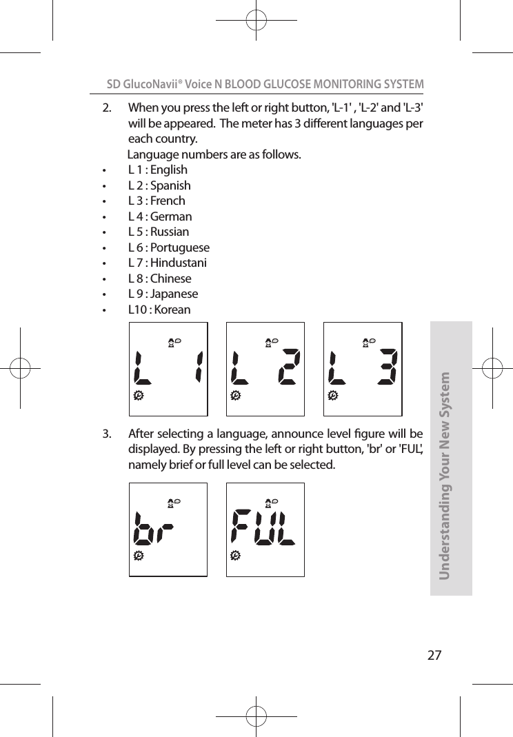 27SD GlucoNavii® Voice N BLOOD GLUCOSE MONITORING SYSTEMUnderstanding Your New System2.  When you press the left or right button, &apos;L-1&apos; , &apos;L-2&apos; and &apos;L-3&apos; will be appeared.  The meter has 3 dierent languages per each country.          Language numbers are as follows.t L 1 : English t L 2 : Spanisht L 3 : Frencht L 4 : Germant L 5 : Russiant L 6 : Portugueset L 7 : Hindustanit L 8 : Chineset L 9 : Japaneset L10 : Korean  3.  After selecting a language, announce level gure will be displayed. By pressing the left or right button, &apos;br&apos; or &apos;FUL&apos;, namely brief or full level can be selected.  