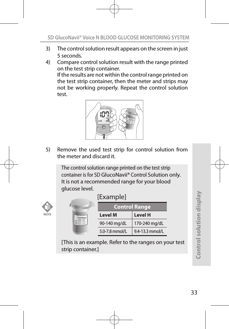 SD GlucoNavii® Voice N BLOOD GLUCOSE MONITORING SYSTEMControl solution display333)  The control solution result appears on the screen in just 5 seconds. 4)  Compare control solution result with the range printed on the test strip container.   If the results are not within the control range printed on the test strip container, then the meter and strips may not be  working  properly.  Repeat the  control solution test.5)  Remove  the  used  test  strip  for  control  solution  from the meter and discard it.mg/dLmmol/LVOICE NNOTE The control solution range printed on the test strip container is for SD GlucoNavii® Control Solution only. It is not a recommended range for your blood glucose level. [This is an example. Refer to the ranges on your test strip container.]Control RangeLevel M Level H90-140 mg/dL 170-240 mg/dL5.0-7.8 mmol/L 9.4-13.3 mmol/Lmg/dLmmol/L[Example]