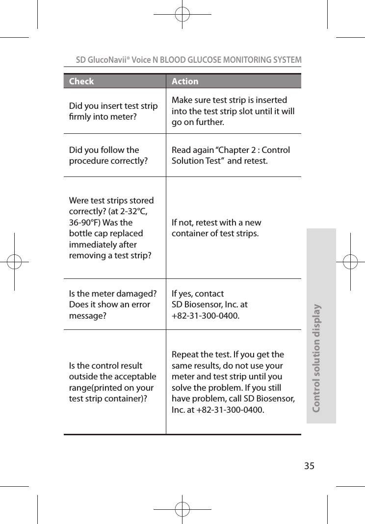 SD GlucoNavii® Voice N BLOOD GLUCOSE MONITORING SYSTEMControl solution display35Check ActionDid you insert test strip rmly into meter? Make sure test strip is inserted into the test strip slot until it will go on further.Did you follow the procedure correctly? Read again “Chapter 2 : Control Solution Test”  and retest. Were test strips stored correctly? (at 2-32°C, 36-90°F) Was the bottle cap replaced immediately after removing a test strip? If not, retest with a new container of test strips. Is the meter damaged? Does it show an error message?If yes, contact SD Biosensor, Inc. at +82-31-300-0400.Is the control result outside the acceptable range(printed on your test strip container)?Repeat the test. If you get the same results, do not use your meter and test strip until you solve the problem. If you still have problem, call SD Biosensor, Inc. at +82-31-300-0400.