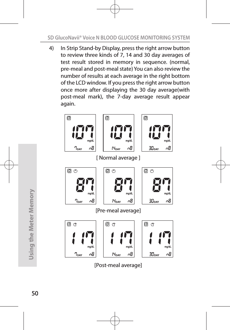 5050SD GlucoNavii® Voice N BLOOD GLUCOSE MONITORING SYSTEMUsing the Meter Memory504)  In Strip Stand-by Display, press the right arrow button to review three kinds of 7, 14 and 30 day averages of test  result  stored  in  memory  in  sequence.  (normal, pre-meal and post-meal state) You can also review the number of results at each average in the right bottom of the LCD window. If you press the right arrow button once  more  after  displaying  the  30  day  average(with post-meal  mark),  the  7-day  average  result  appear again. [Post-meal average][ Normal average ][Pre-meal average]