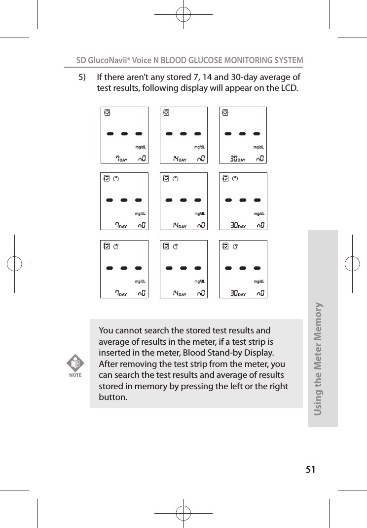 5151SD GlucoNavii® Voice N BLOOD GLUCOSE MONITORING SYSTEMUsing the Meter Memory515)  If there aren’t any stored 7, 14 and 30-day average of test results, following display will appear on the LCD.You cannot search the stored test results and average of results in the meter, if a test strip is inserted in the meter, Blood Stand-by Display. After removing the test strip from the meter, you can search the test results and average of results stored in memory by pressing the left or the right button.NOTE