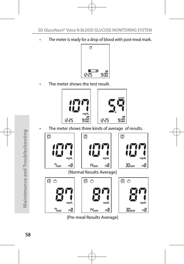 585858SD GlucoNavii® Voice N BLOOD GLUCOSE MONITORING SYSTEMMaintenance and Troubleshooting58t The meter is ready for a drop of blood with post-meal mark.t The meter shows the test result.t The meter shows three kinds of average  of results.[Normal Results Average][Pre-meal Results Average]