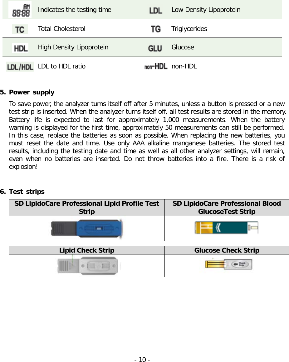   Indicates the testing time  Low Density Lipoprotein  Total Cholesterol  Triglycerides  High Density Lipoprotein  Glucose  LDL to HDL ratio  non-HDL  5. Power supply To save power, the analyzer turns itself off after 5 minutes, unless a button is pressed or a new test strip is inserted. When the analyzer turns itself off, all test results are stored in the memory. Battery life is expected to  last  for approximately 1,000 measurements. When the battery warning is displayed for the first time, approximately 50 measurements can still be performed. In this case, replace the batteries as soon as possible. When replacing the new batteries, you must reset the date and time. Use only AAA alkaline manganese batteries. The stored test results, including the testing date and time as well as all other analyzer settings, will remain, even when no batteries are inserted. Do not throw batteries into a  fire. There is a risk of explosion!   6. Test  strips SD LipidoCare Professional Lipid Profile Test Strip SD LipidoCare Professional Blood GlucoseTest Strip    Lipid Check Strip Glucose Check Strip    - 10 -   