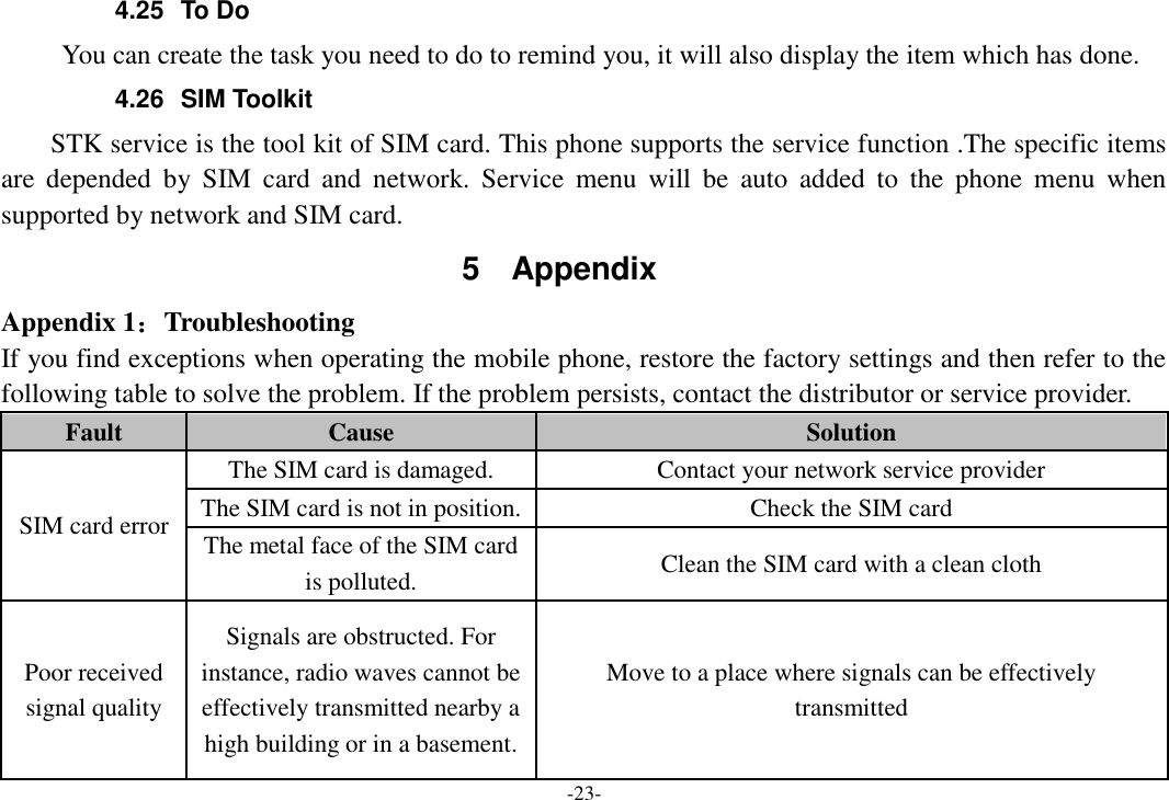 -23- 4.25  To Do      You can create the task you need to do to remind you, it will also display the item which has done. 4.26  SIM Toolkit STK service is the tool kit of SIM card. This phone supports the service function .The specific items are  depended  by  SIM  card  and  network.  Service  menu  will  be  auto  added  to  the  phone  menu  when supported by network and SIM card. 5  Appendix Appendix 1：Troubleshooting If you find exceptions when operating the mobile phone, restore the factory settings and then refer to the following table to solve the problem. If the problem persists, contact the distributor or service provider. Fault  Cause  Solution SIM card error The SIM card is damaged.  Contact your network service provider The SIM card is not in position.  Check the SIM card The metal face of the SIM card is polluted.  Clean the SIM card with a clean cloth Poor received signal quality Signals are obstructed. For instance, radio waves cannot be effectively transmitted nearby a high building or in a basement. Move to a place where signals can be effectively transmitted 