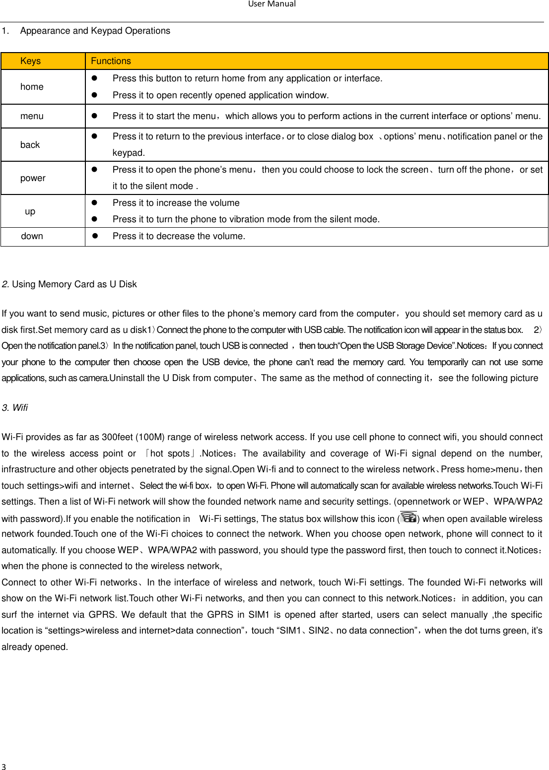 User Manual  3 1.  Appearance and Keypad Operations Keys Functions home   Press this button to return home from any application or interface.   Press it to open recently opened application window. menu   Press it to start the menu，which allows you to perform actions in the current interface or options‘ menu. back   Press it to return to the previous interface，or to close dialog box  、options‘ menu、notification panel or the keypad. power  Press it to open the phone‘s menu，then you could choose to lock the screen、turn off the phone，or set it to the silent mode . up   Press it to increase the volume   Press it to turn the phone to vibration mode from the silent mode. down   Press it to decrease the volume.  2. Using Memory Card as U Disk If you want to send music, pictures or other files to the phone‘s memory card from the computer，you should set memory card as u disk first.Set memory card as u disk1〉Connect the phone to the computer with USB cable. The notification icon will appear in the status box.   2〉Open the notification panel.3〉In the notification panel, touch USB is connected ，then touch―Open the USB Storage Device‖.Notices：If you connect your  phone  to  the  computer  then  choose  open  the  USB  device,  the  phone  can‘t  read the  memory  card.  You  temporarily  can  not  use some applications, such as camera.Uninstall the U Disk from computer、The same as the method of connecting it，see the following picture 3. Wifi Wi-Fi provides as far as 300feet (100M) range of wireless network access. If you use cell phone to connect wifi, you should connect to  the  wireless  access  point  or  「hot  spots」.Notices：The  availability  and  coverage  of  Wi-Fi  signal  depend  on  the  number, infrastructure and other objects penetrated by the signal.Open Wi-fi and to connect to the wireless network、Press home&gt;menu，then touch settings&gt;wifi and internet、Select the wi-fi box，to open Wi-Fi. Phone will automatically scan for available wireless networks.Touch Wi-Fi settings. Then a list of Wi-Fi network will show the founded network name and security settings. (opennetwork or WEP、WPA/WPA2 with password).If you enable the notification in    Wi-Fi settings, The status box willshow this icon ( ) when open available wireless network founded.Touch one of the Wi-Fi choices to connect the network. When you choose open network, phone will connect to it automatically. If you choose WEP、WPA/WPA2 with password, you should type the password first, then touch to connect it.Notices：when the phone is connected to the wireless network, Connect to other Wi-Fi networks、In the interface of wireless and network, touch Wi-Fi settings. The founded Wi-Fi networks will show on the Wi-Fi network list.Touch other Wi-Fi networks, and then you can connect to this network.Notices：in addition, you can surf the  internet via  GPRS. We default  that the GPRS  in  SIM1 is opened after started, users can select manually  ,the specific location is ―settings&gt;wireless and internet&gt;data connection‖，touch ―SIM1、SIN2、no data connection‖，when the dot turns green, it‘s already opened. 