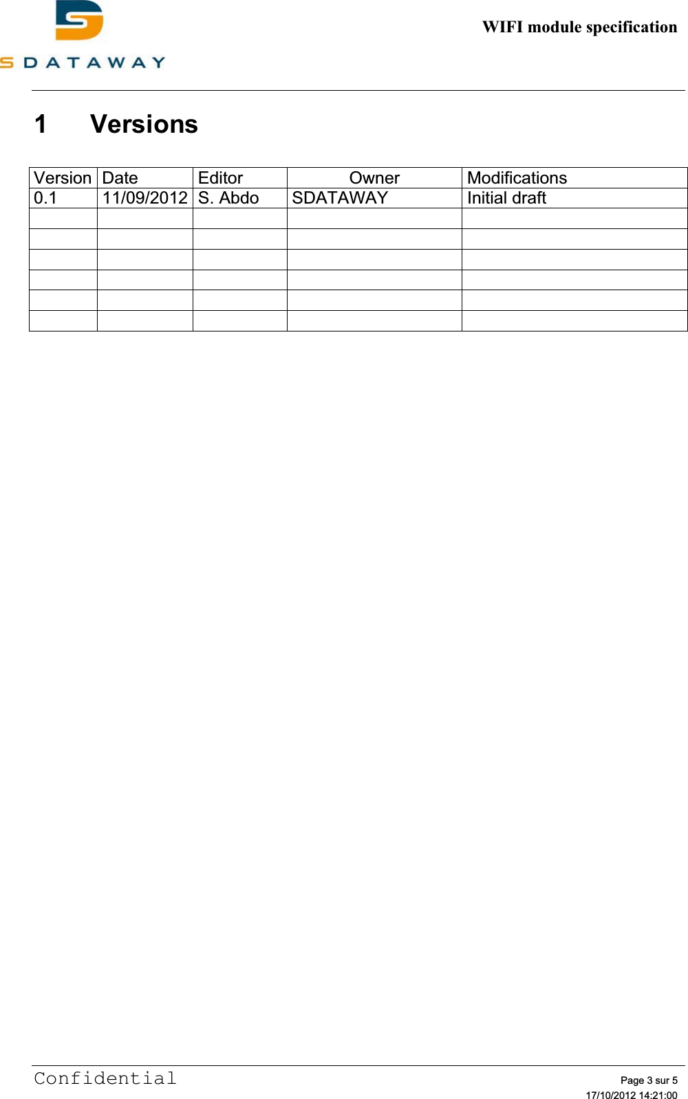          WIFI module specificationConfidential Page 3 sur 5   17/10/2012 14:21:001 Versions Version Date  Editor  Owner  Modifications 0.1  11/09/2012 S. Abdo  SDATAWAY  Initial draft                                                 