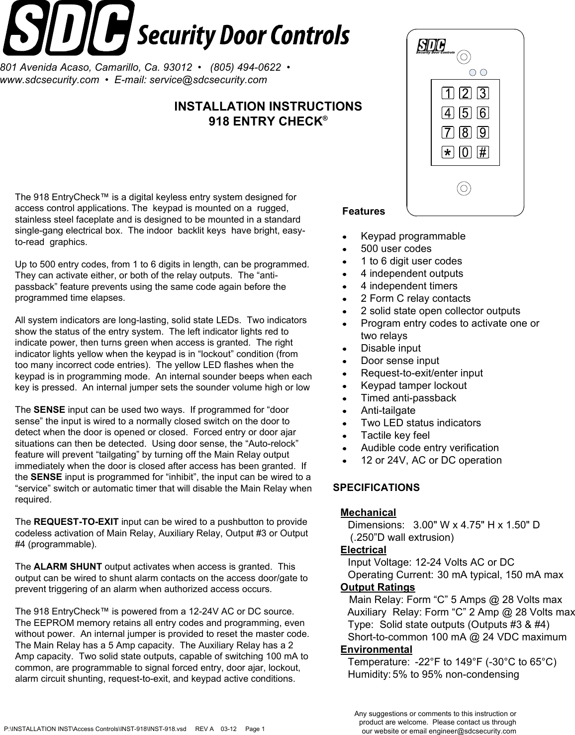 SDC Visio INST 918 Digital Keypad Installation Instructions