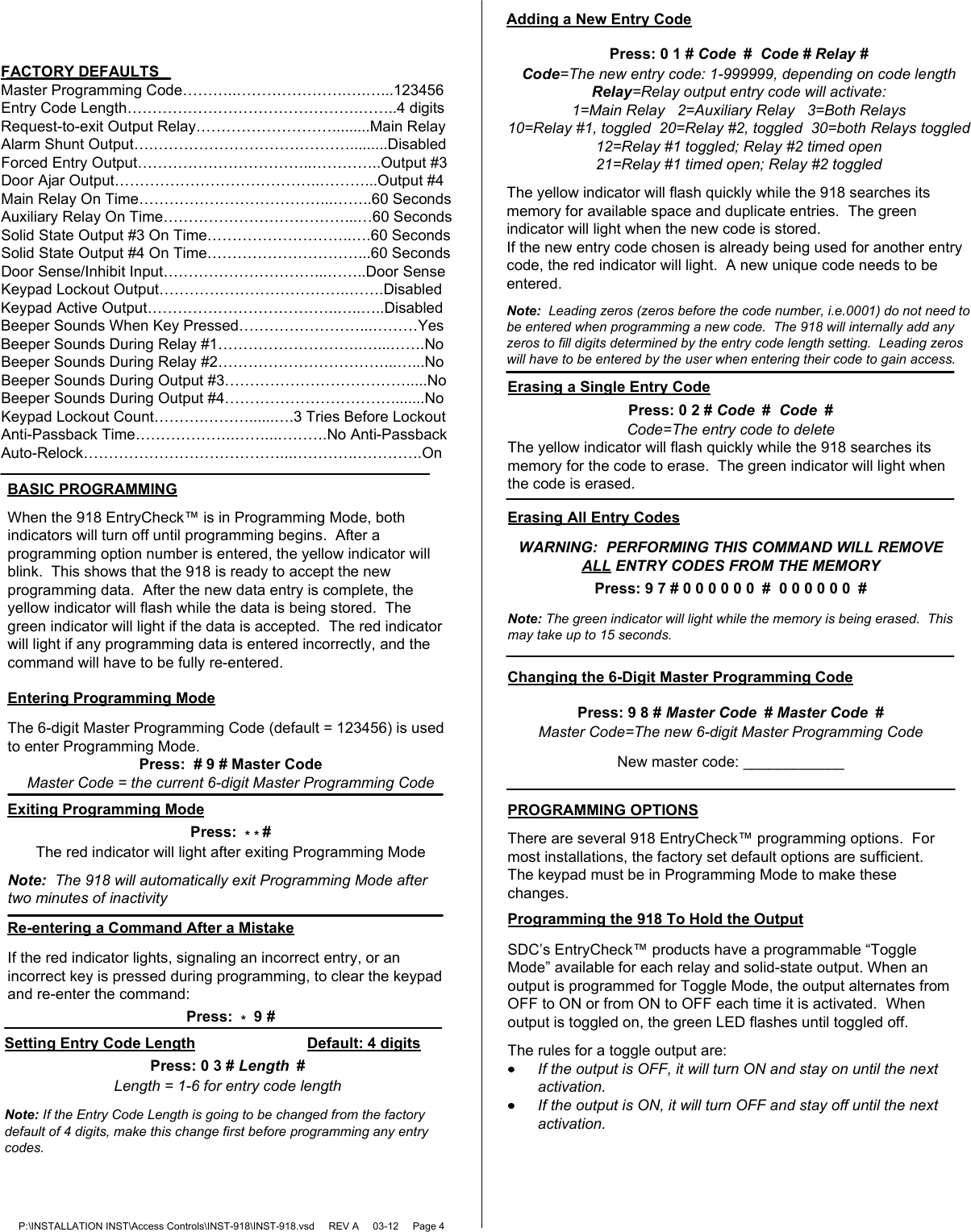 Page 4 of 6 - SDC Visio-INST-918 918 Digital Keypad Installation Instructions INST-918