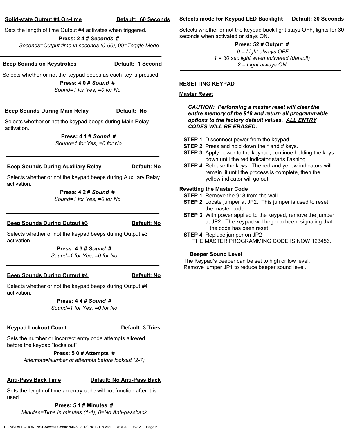 Page 6 of 6 - SDC Visio-INST-918 918 Digital Keypad Installation Instructions INST-918